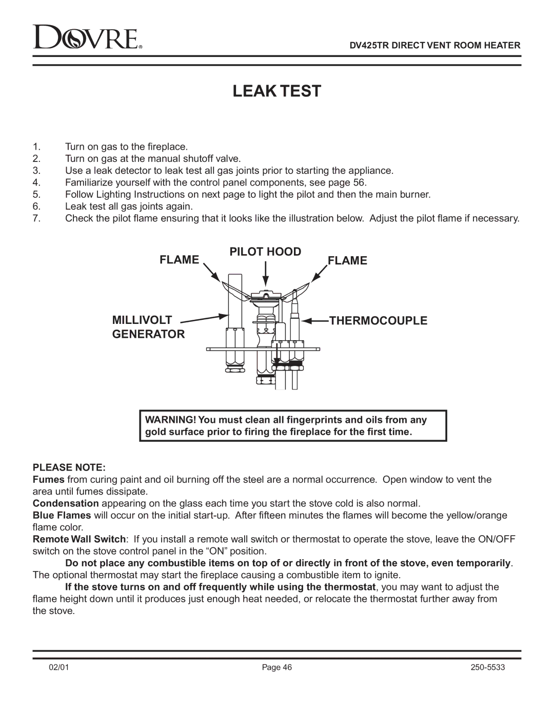 Sapphire Audio DV425TR owner manual Leak Test, Pilot Hood Flameflame Millivolt Generator Thermocouple 