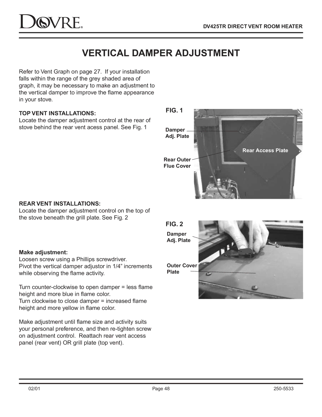 Sapphire Audio DV425TR owner manual Vertical Damper Adjustment, TOP Vent Installations 