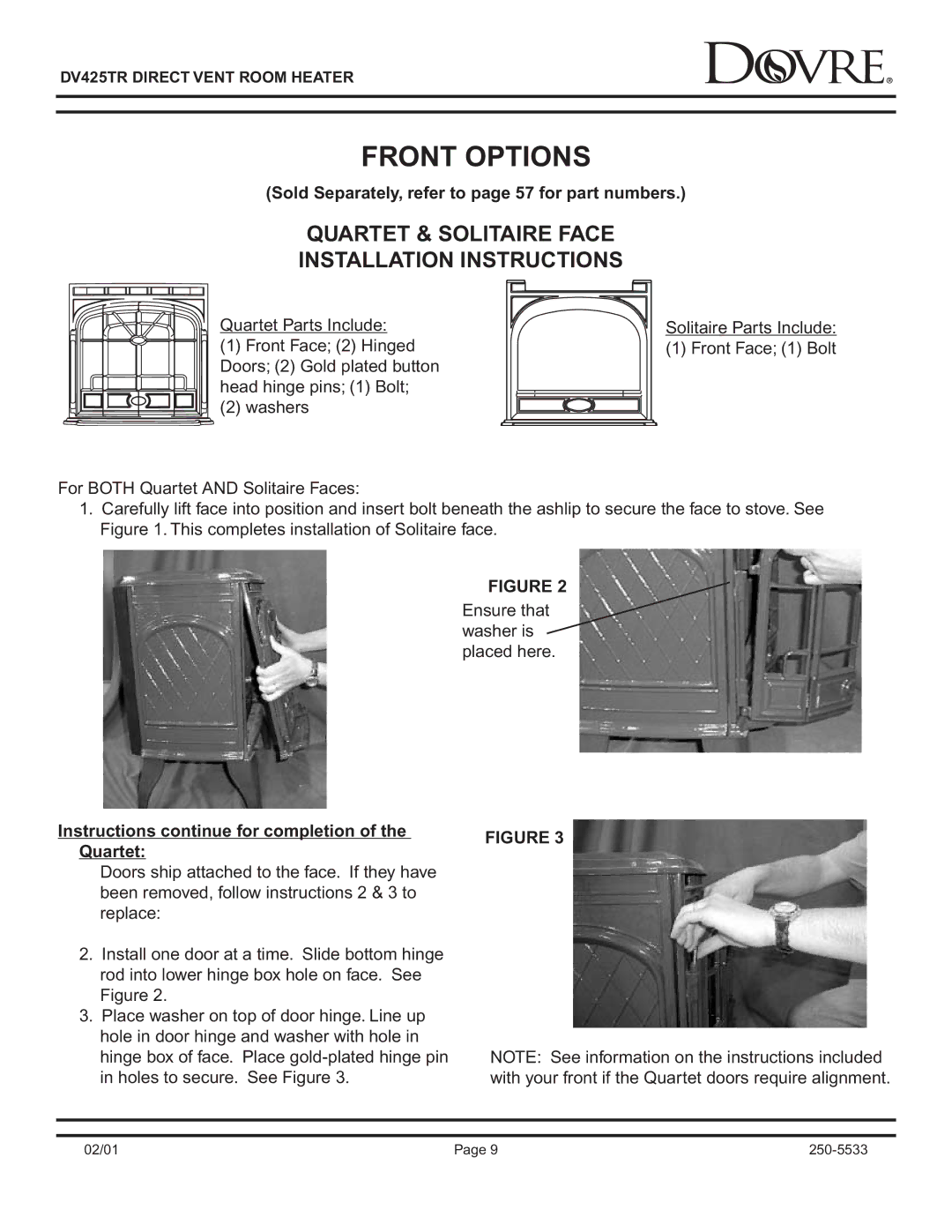 Sapphire Audio DV425TR owner manual Front Options, Quartet & Solitaire Face Installation Instructions 