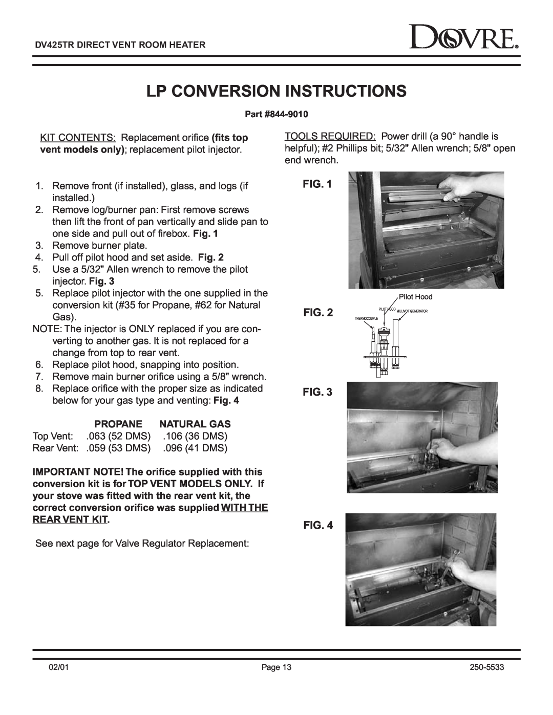 Sapphire Audio DV425TR owner manual Lp Conversion Instructions, Fig. Fig, Natural Gas 