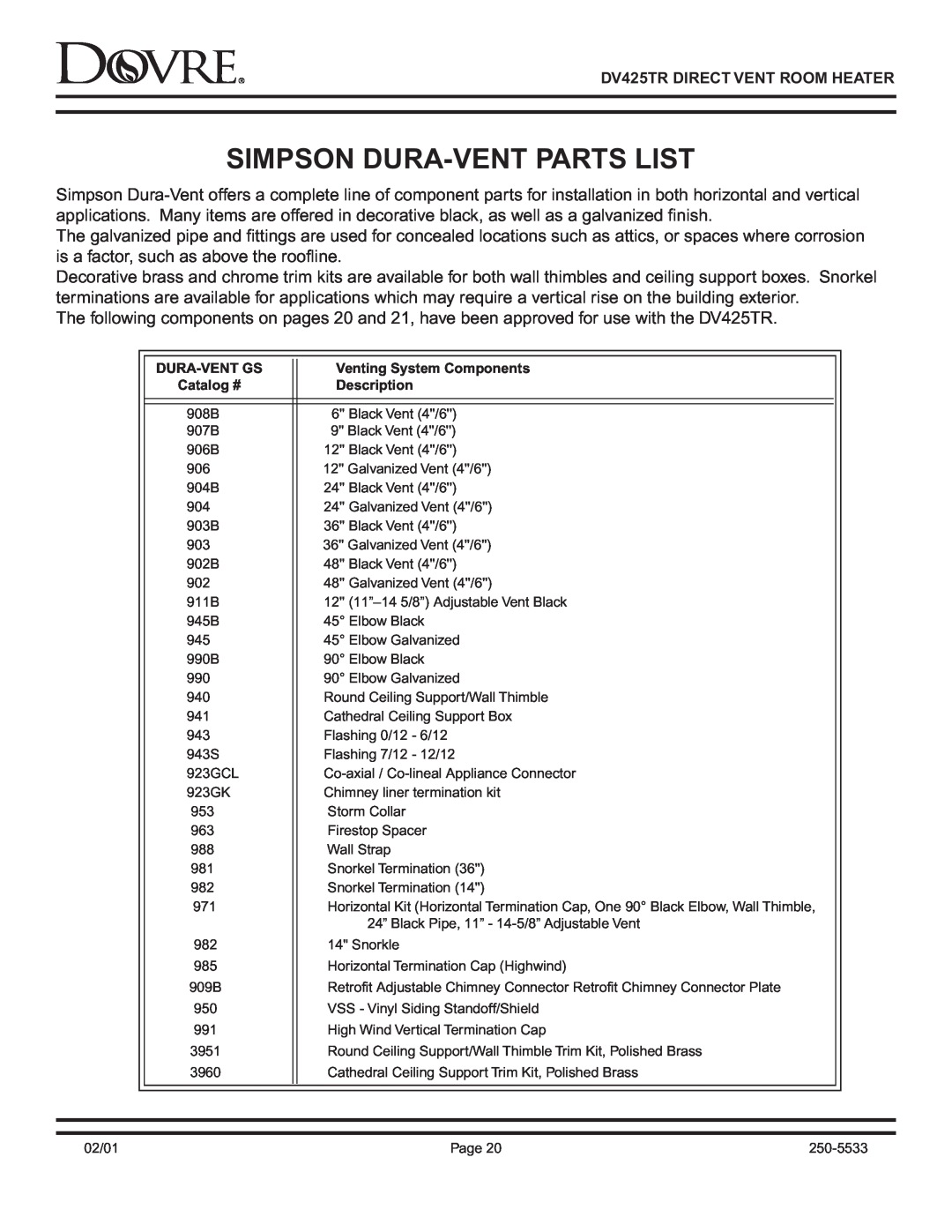 Sapphire Audio DV425TR Simpson Dura-Ventparts List, Dura-Ventgs, Venting System Components, Catalog #, Description 