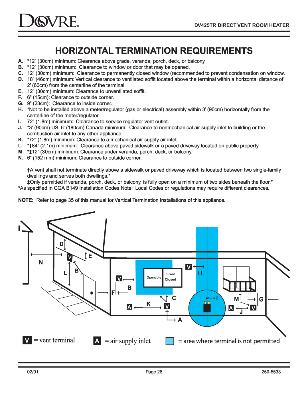 Sapphire Audio DV425TR owner manual Horizontal Termination Requirements, V = vent terminal, A = air supply inlet 
