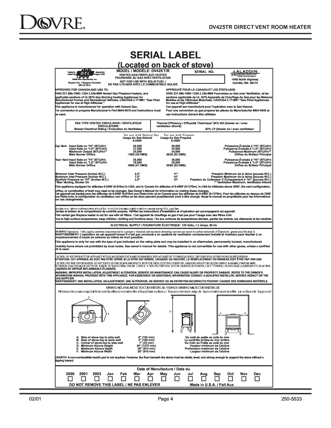Sapphire Audio DV425TR owner manual Serial Label, Located on back of stove, 02/01, Page, 250-5533 