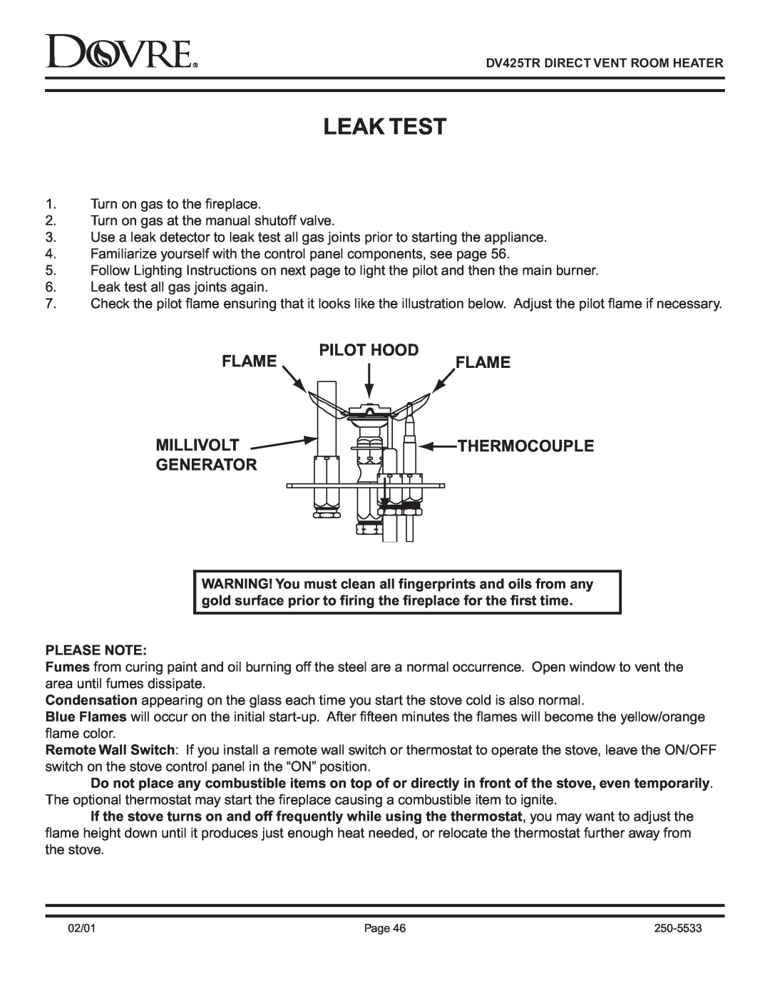 Sapphire Audio DV425TR owner manual Leak Test, Pilot Hood Flameflame, Millivolt Generator, Thermocouple, Please Note 