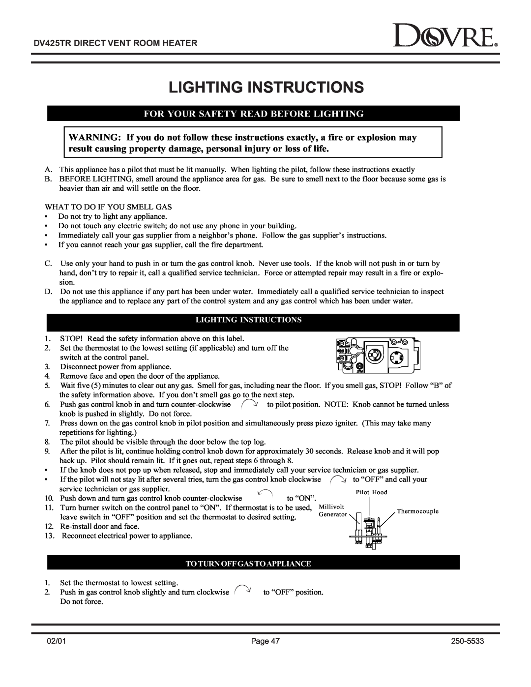 Sapphire Audio DV425TR owner manual Lighting Instructions, For Your Safety Read Before Lighting, Toturnoffgastoappliance 