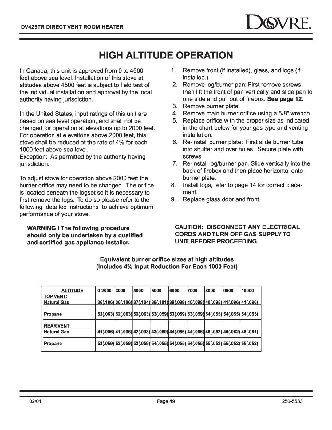 Sapphire Audio DV425TR owner manual High Altitude Operation 