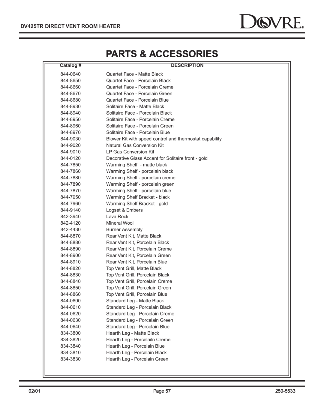 Sapphire Audio DV425TR owner manual Parts & Accessories, Catalog #, Description 