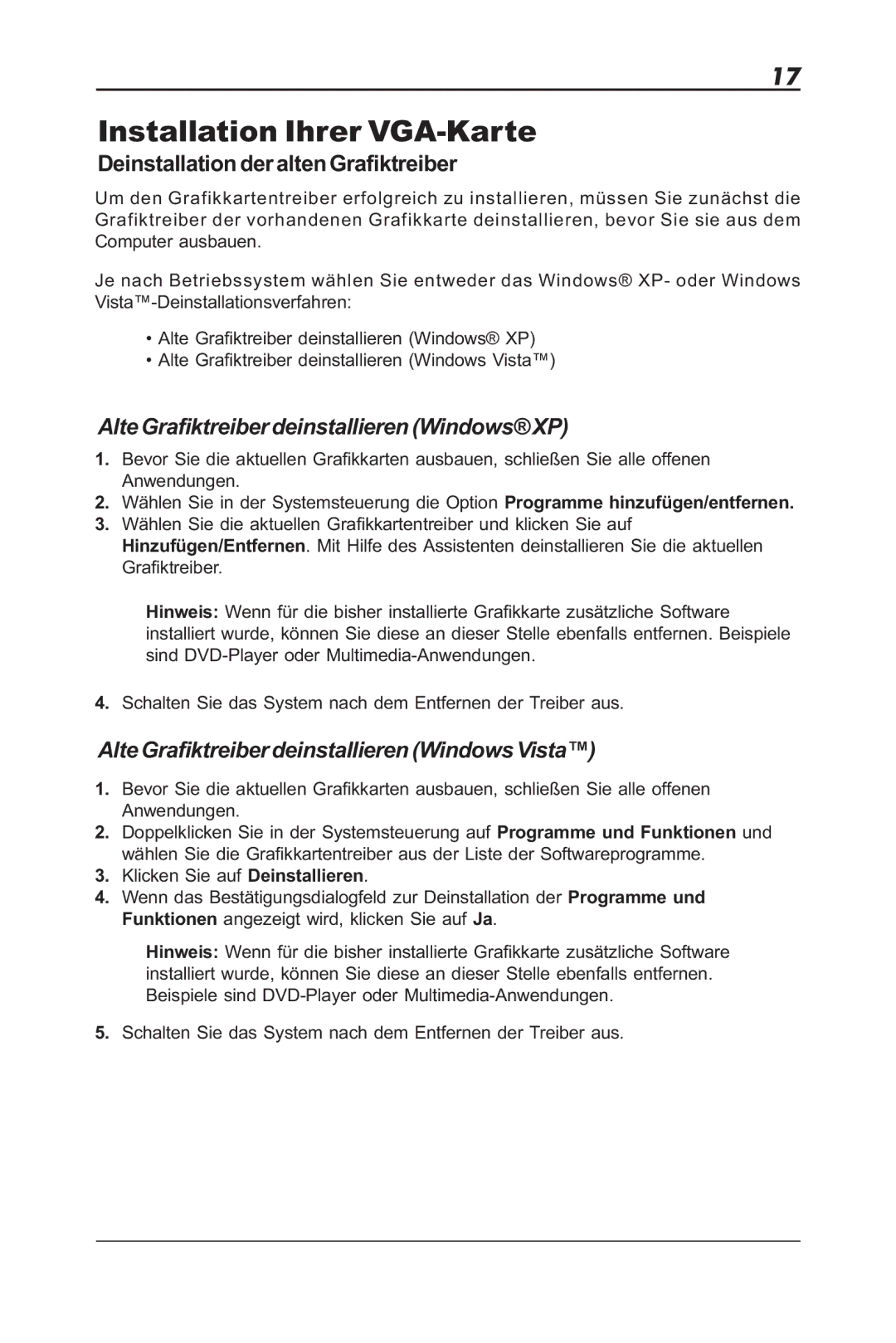 Sapphire Audio ML00042-R5 user manual Deinstallation der alten Grafiktreiber, Alte Grafiktreiber deinstallieren Windows XP 