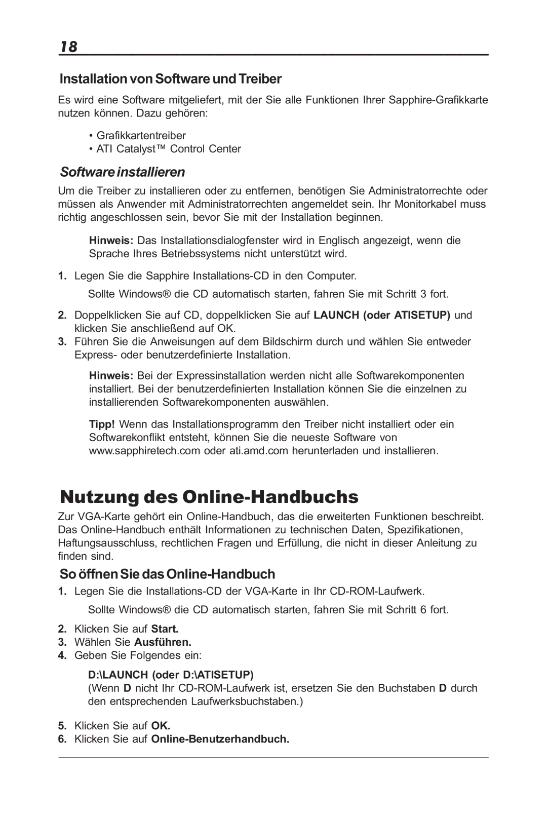 Sapphire Audio ML00042-R5 Nutzung des Online-Handbuchs, Installation von Software und Treiber, Software installieren 