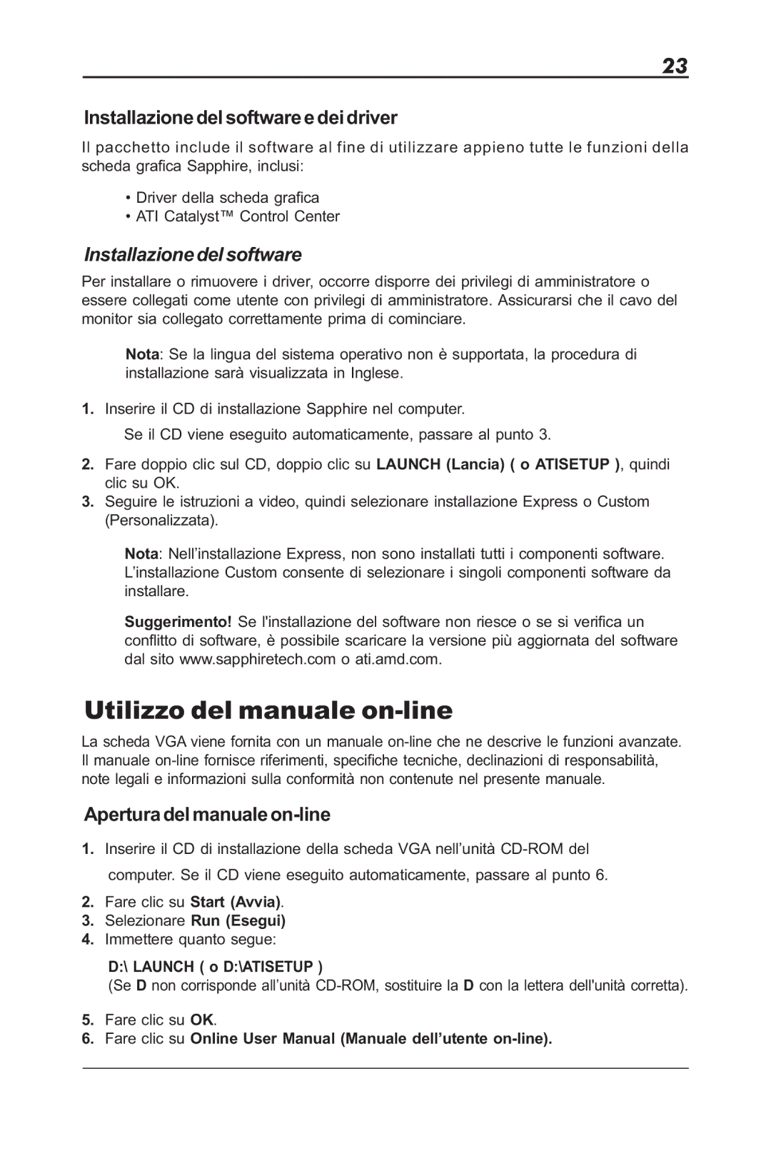 Sapphire Audio ML00042-R5 Utilizzo del manuale on-line, Installazione del software e dei driver, Launch o D\ATISETUP 