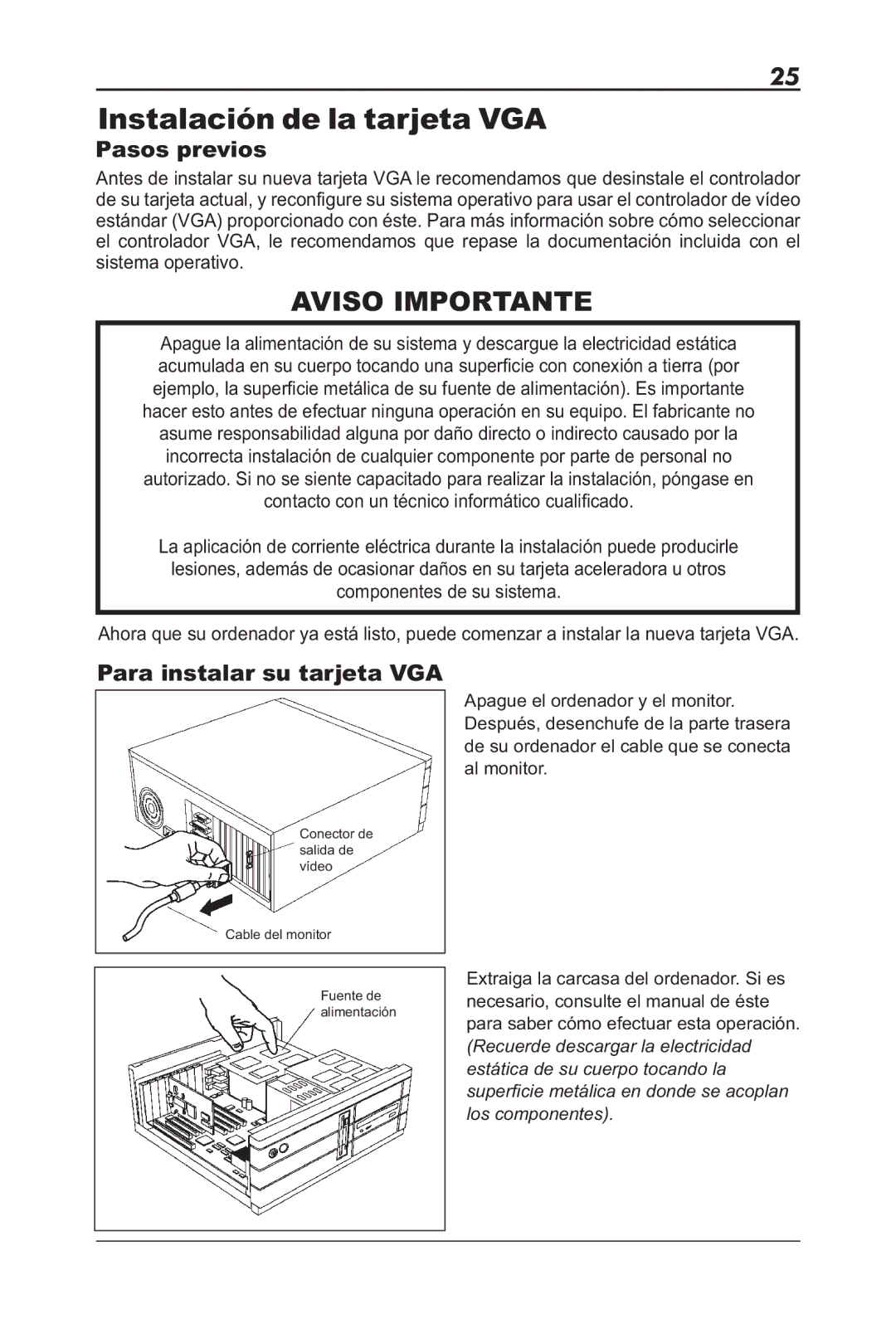 Sapphire Audio ML00042-R5 user manual Instalación de la tarjeta VGA, Pasos previos, Para instalar su tarjeta VGA 