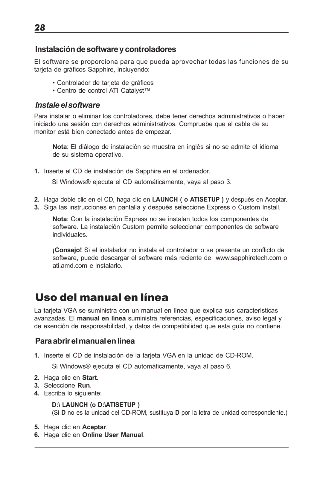 Sapphire Audio ML00042-R5 user manual Uso del manual en línea, Instalación de software y controladores, Instale el software 