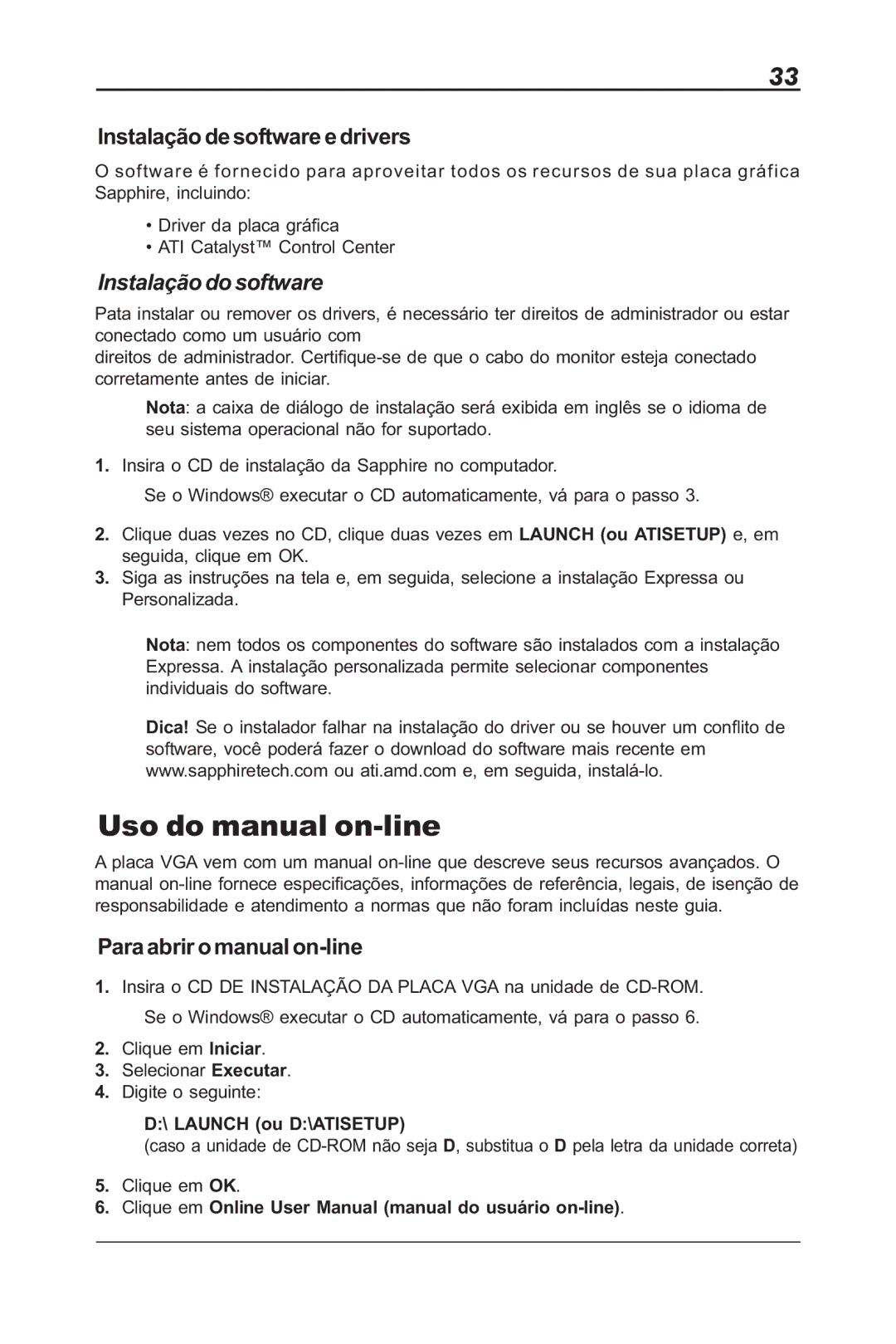 Sapphire Audio ML00042-R5 user manual Uso do manual on-line, Instalação de software e drivers, Instalação do software 