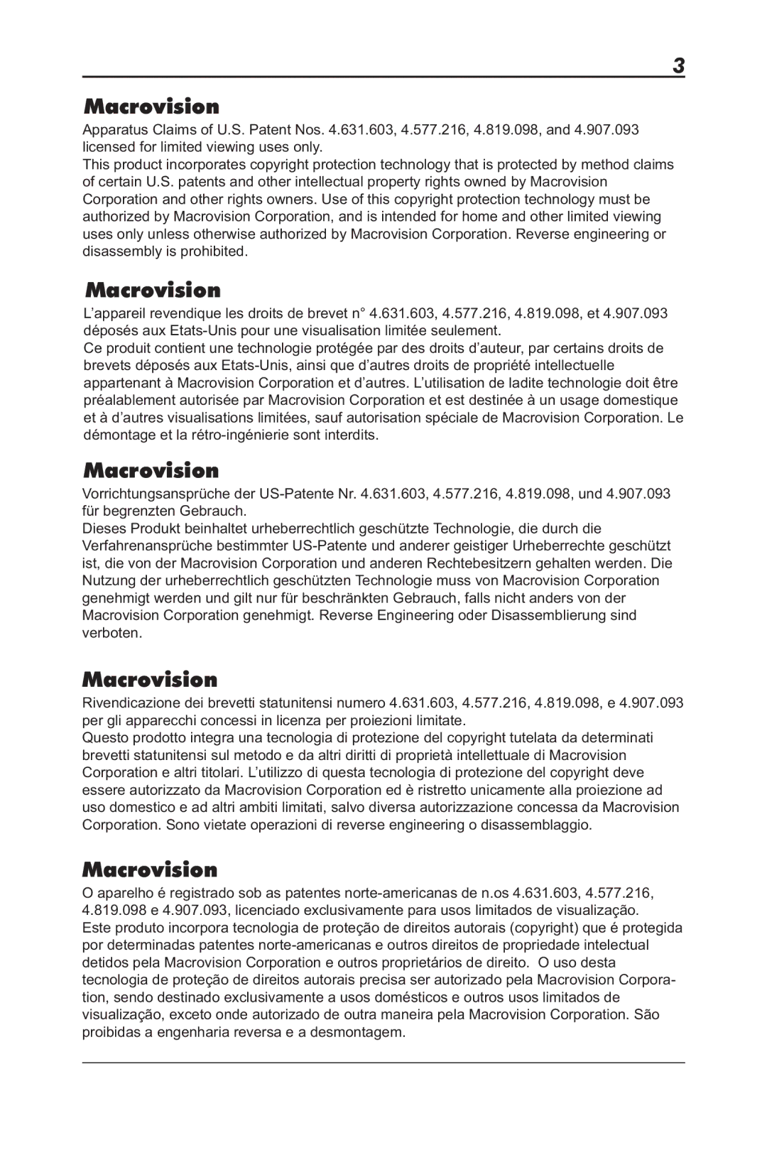 Sapphire Audio ML00042-R5 user manual Macrovision 