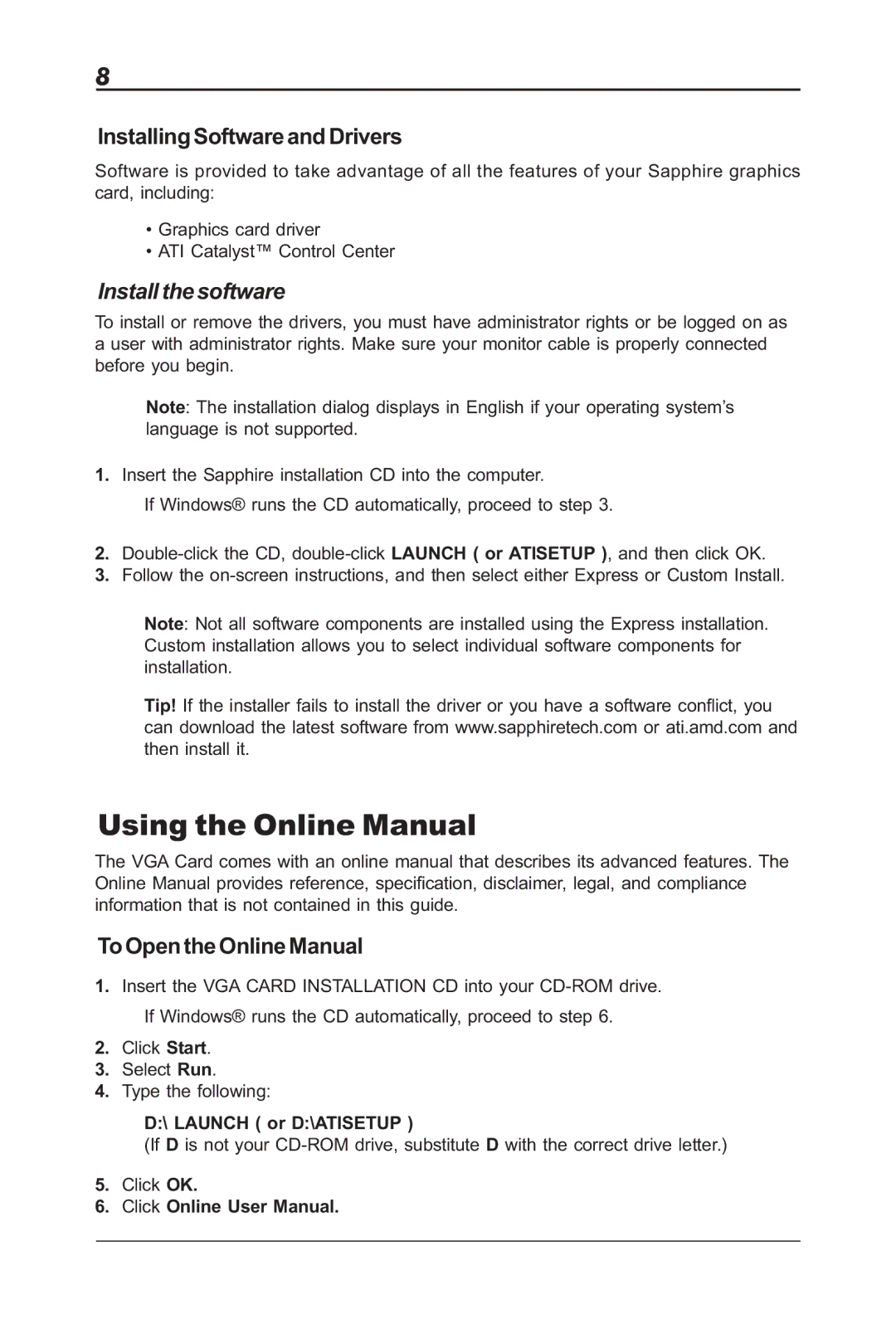 Sapphire Audio ML00042-R5 user manual Using the Online Manual, Installing Software and Drivers, Install the software 