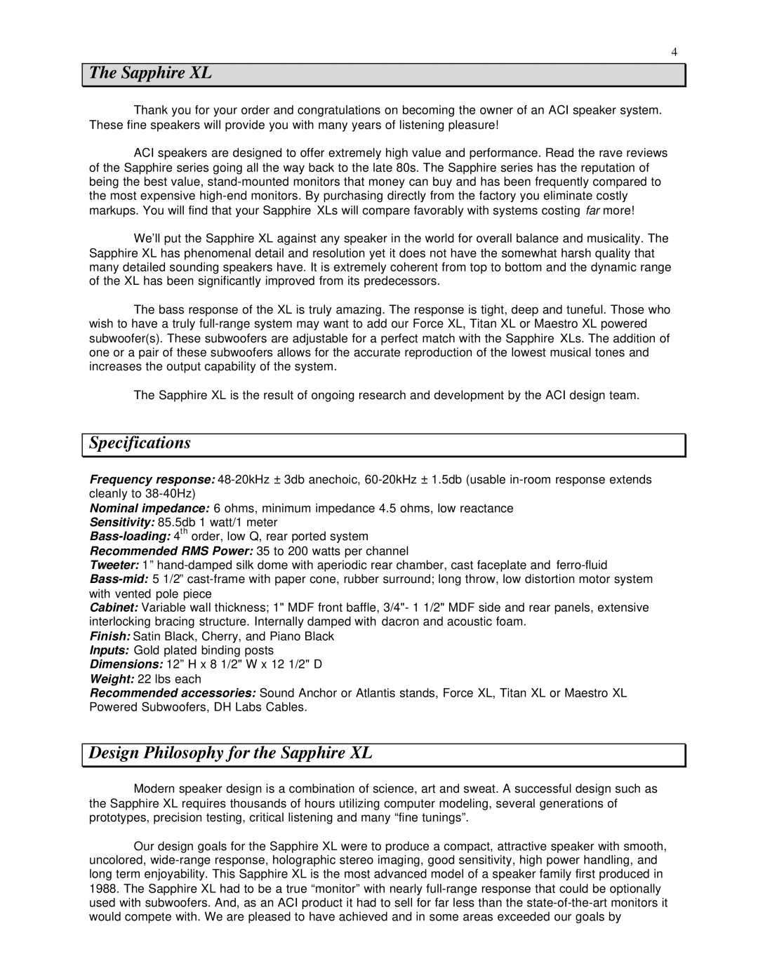 Sapphire Audio Sapphire XLs owner manual Specifications, Design Philosophy for the Sapphire XL 