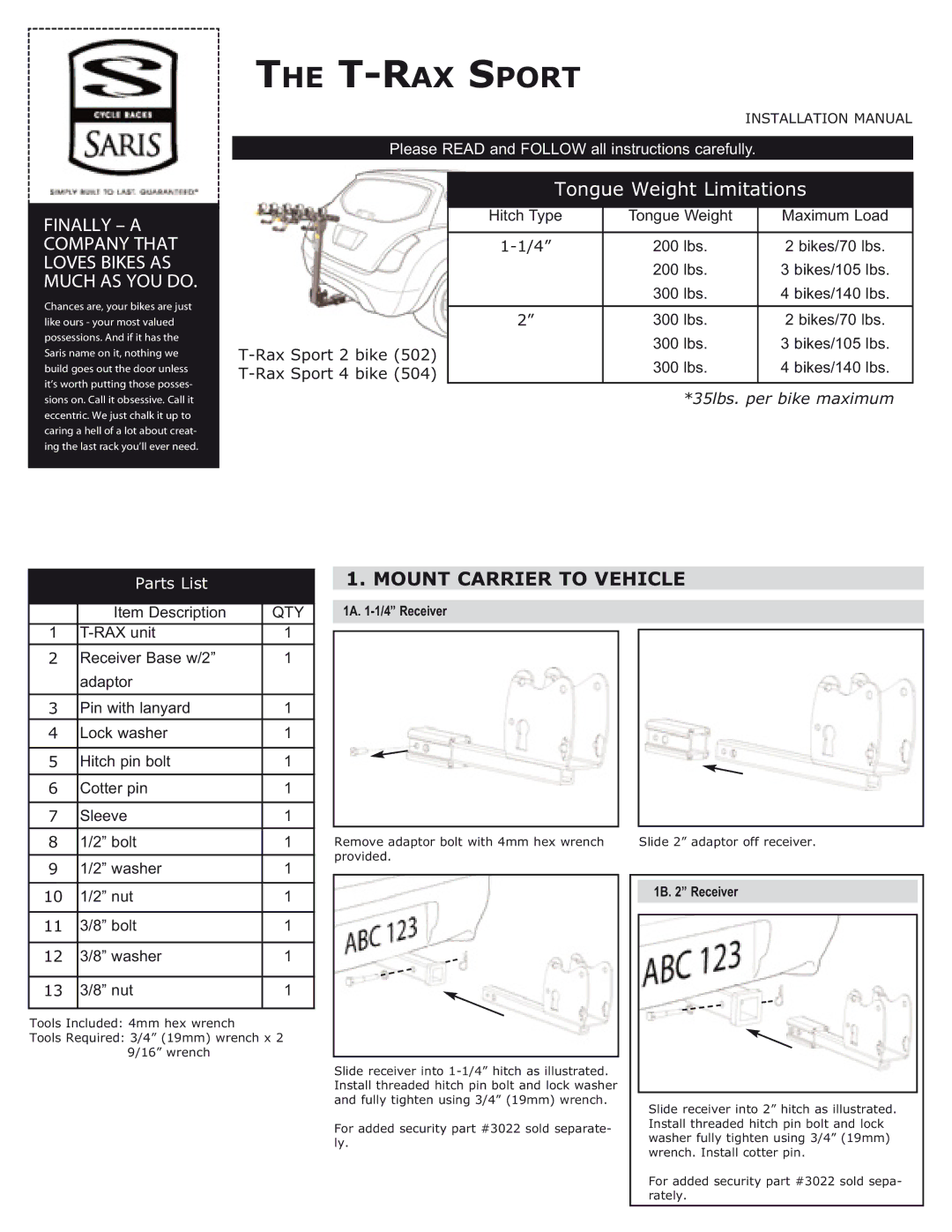 Saris 4 bike, 2 bike manual T-RAX Sport, Mount Carrier to Vehicle 