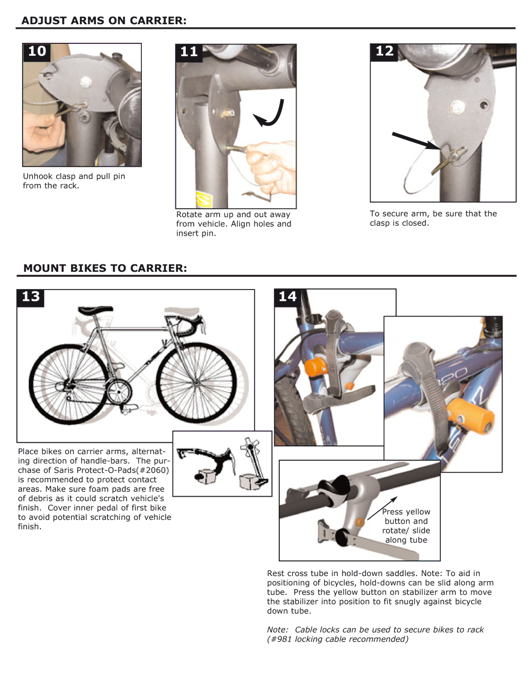 Saris 4 bike, 2 bike manual Adjust Arms on Carrier, Mount Bikes to Carrier 