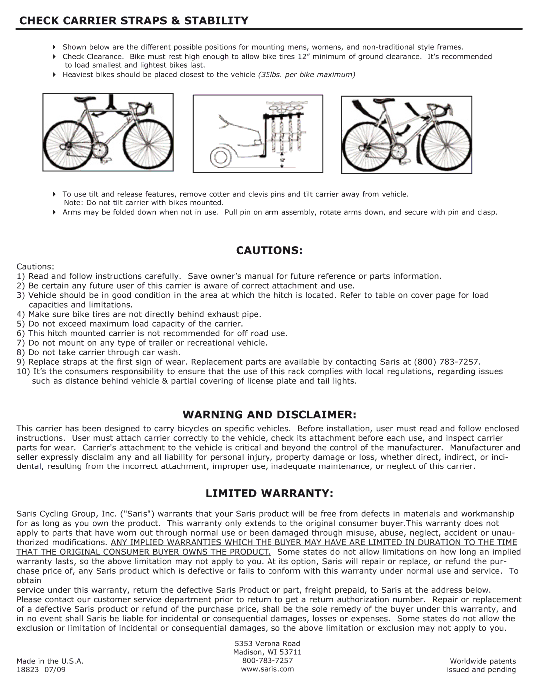 Saris 2 bike, 4 bike manual Check Carrier Straps & Stability, Limited Warranty 