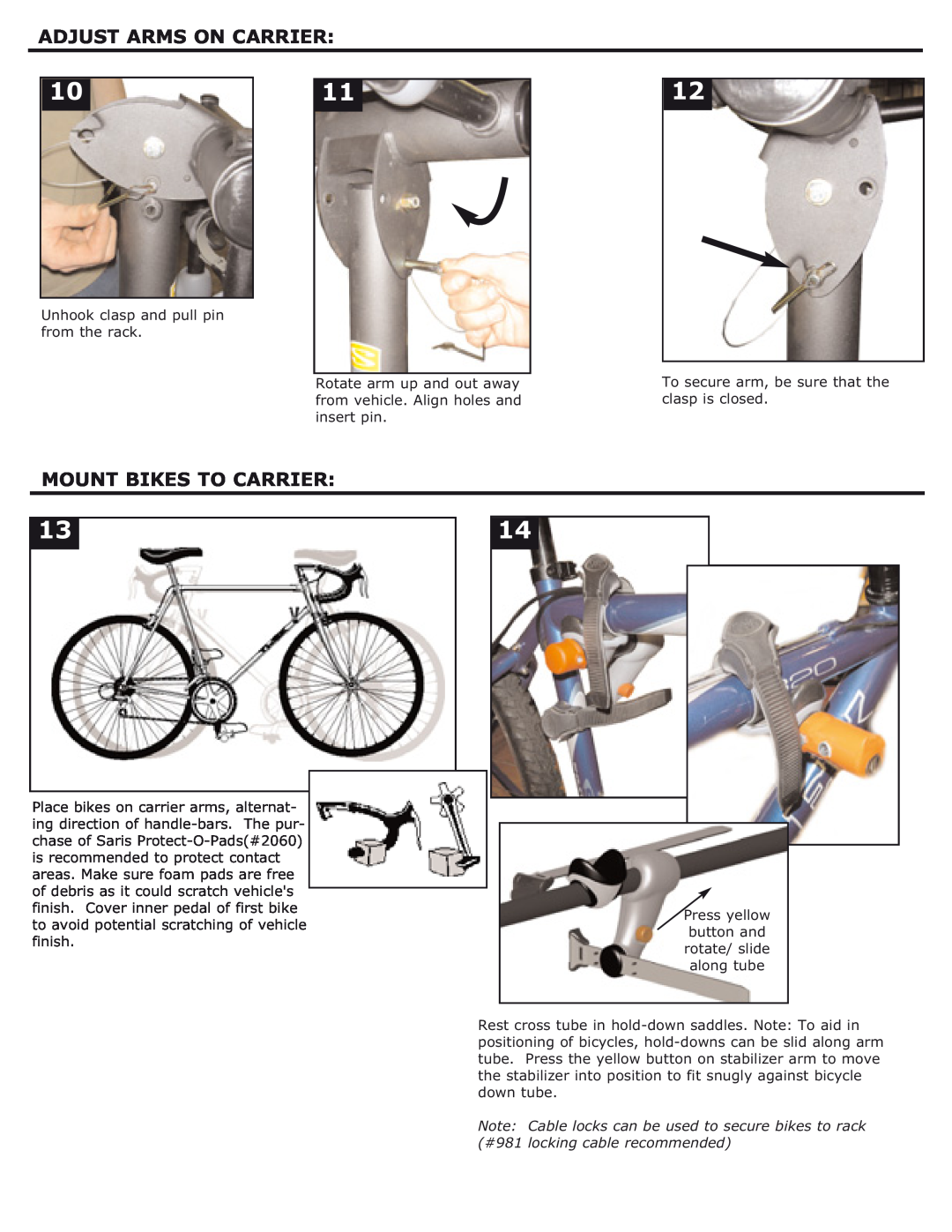 Saris 4 bike, 2 bike manual Adjust Arms On Carrier, Mount Bikes To Carrier 