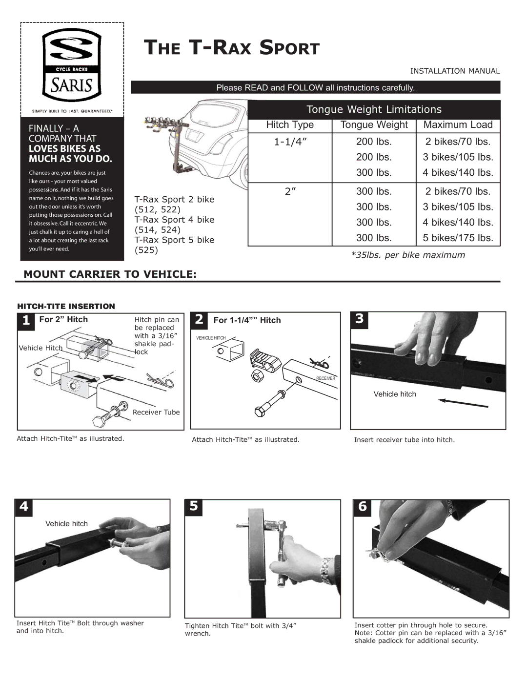 Saris 522, 525, 524, 514, 512 manual T-RAX Sport, Mount Carrier to Vehicle 