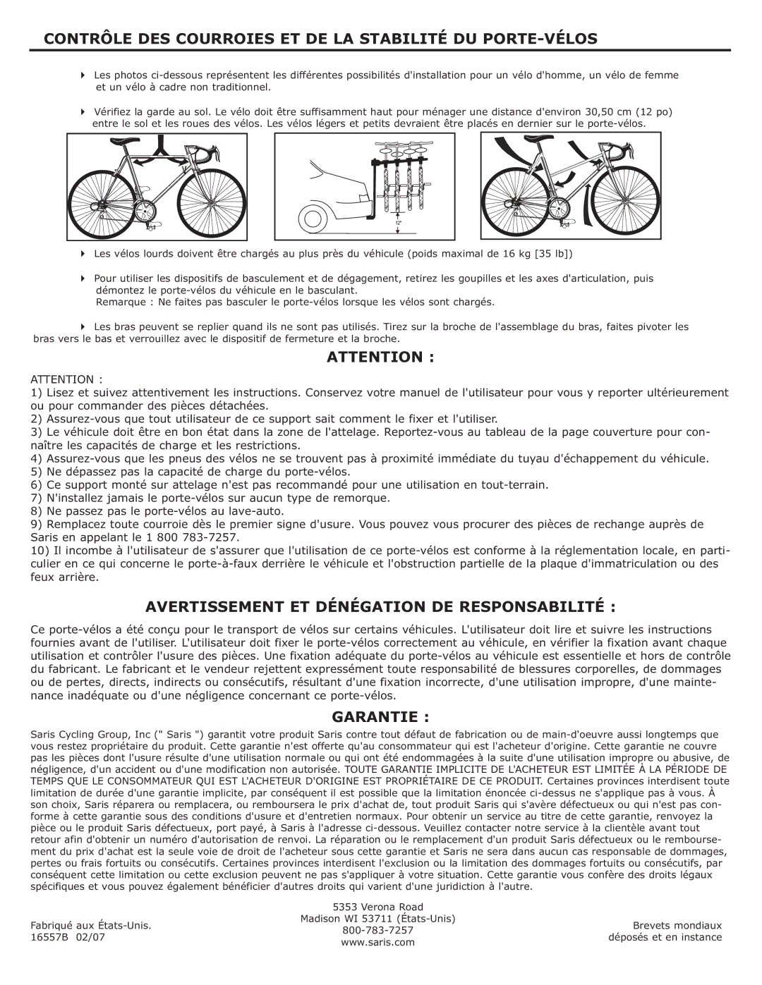 Saris 524, 525, 522 Contrôle DES Courroies ET DE LA Stabilité DU PORTE-VÉLOS, Avertissement ET Dénégation DE Responsabilité 