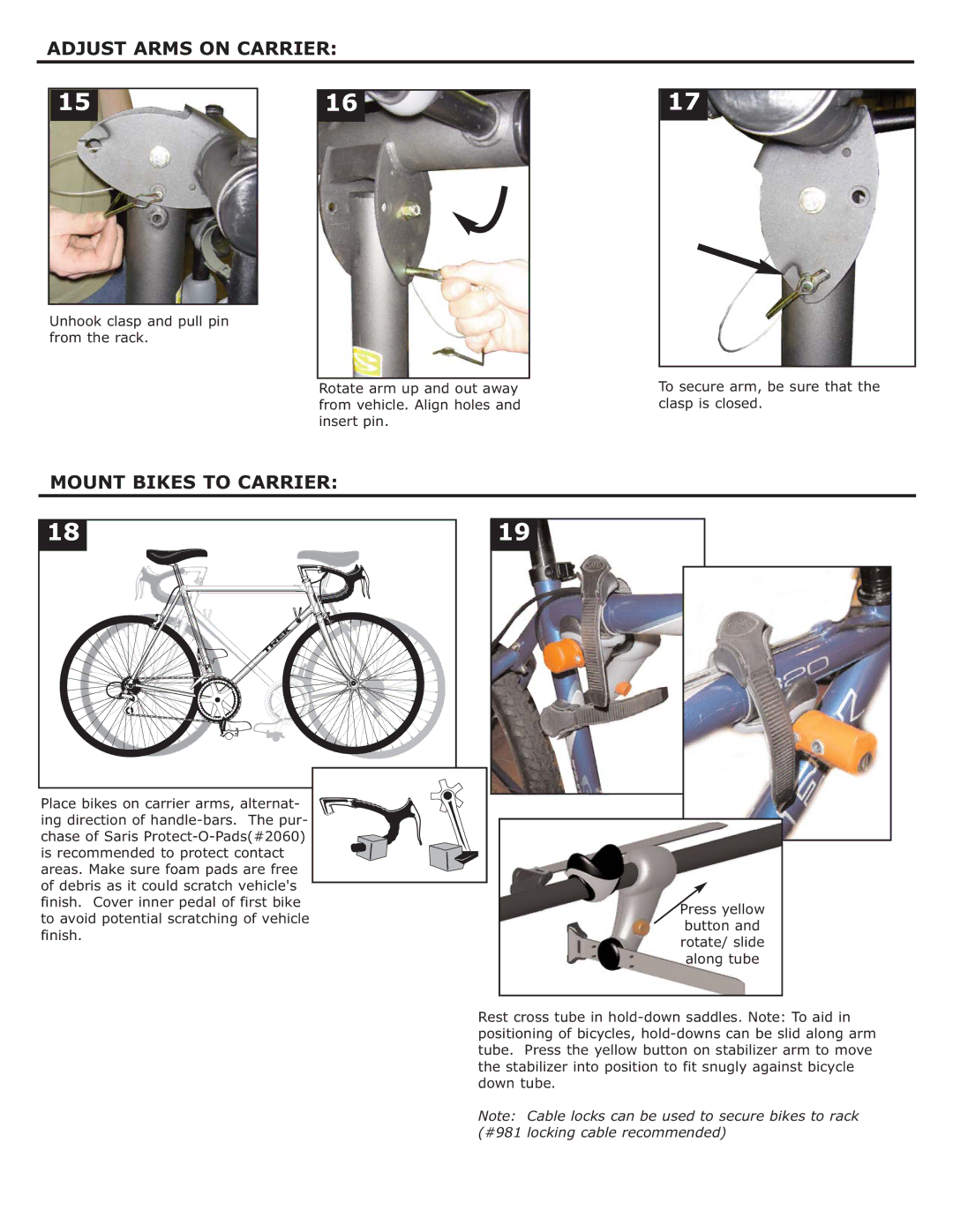 Saris 514, 525, 522, 524, 512 manual Adjust Arms on Carrier, Mount Bikes to Carrier 