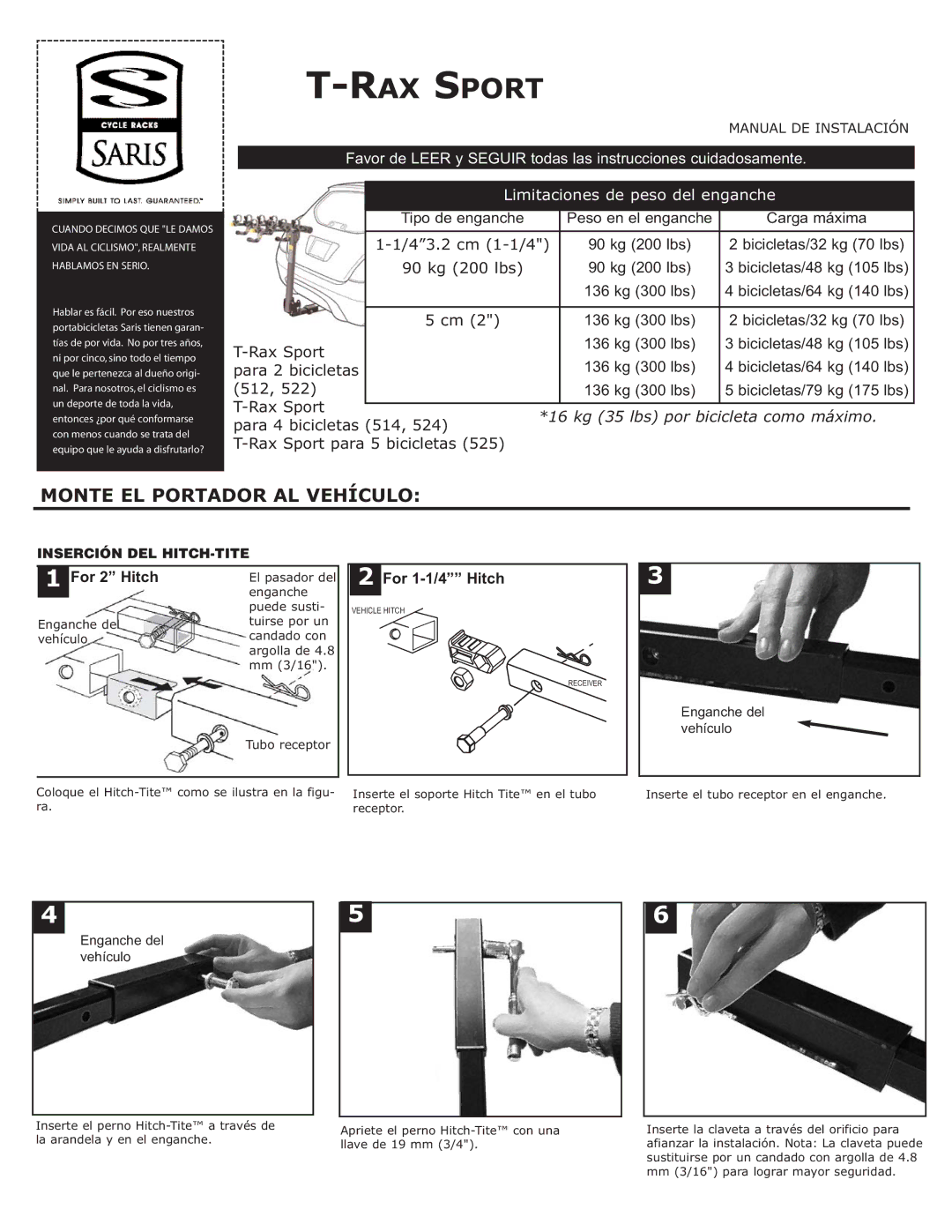 Saris 525, 522, 524, 514, 512 manual RAX Sport, Monte EL Portador AL Vehículo 