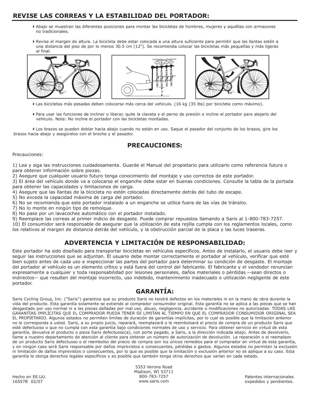 Saris 514, 525 Revise LAS Correas Y LA Estabilidad DEL Portador, Precauciones, Advertencia Y Limitación DE Responsabilidad 