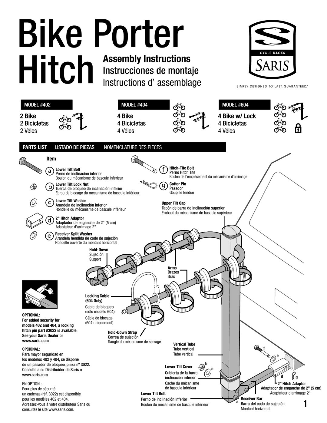 Saris #604 manual Bike Porter, Nomenclature DES Pieces 