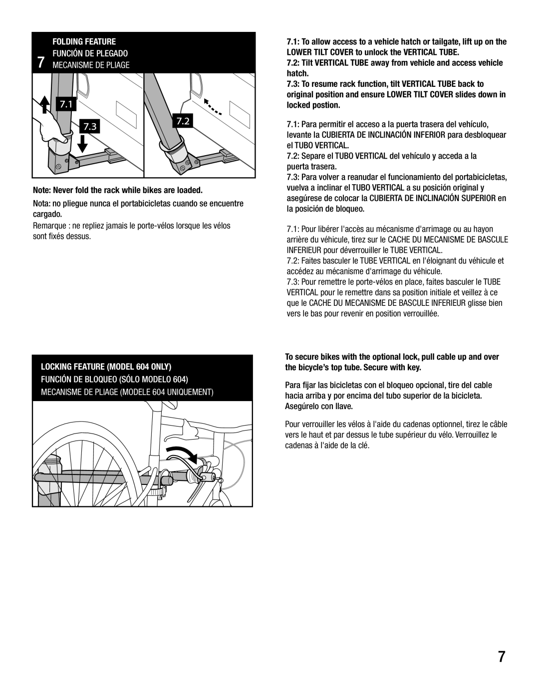 Saris #604 manual Folding Feature Función DE Plegado Mecanisme DE Pliage 