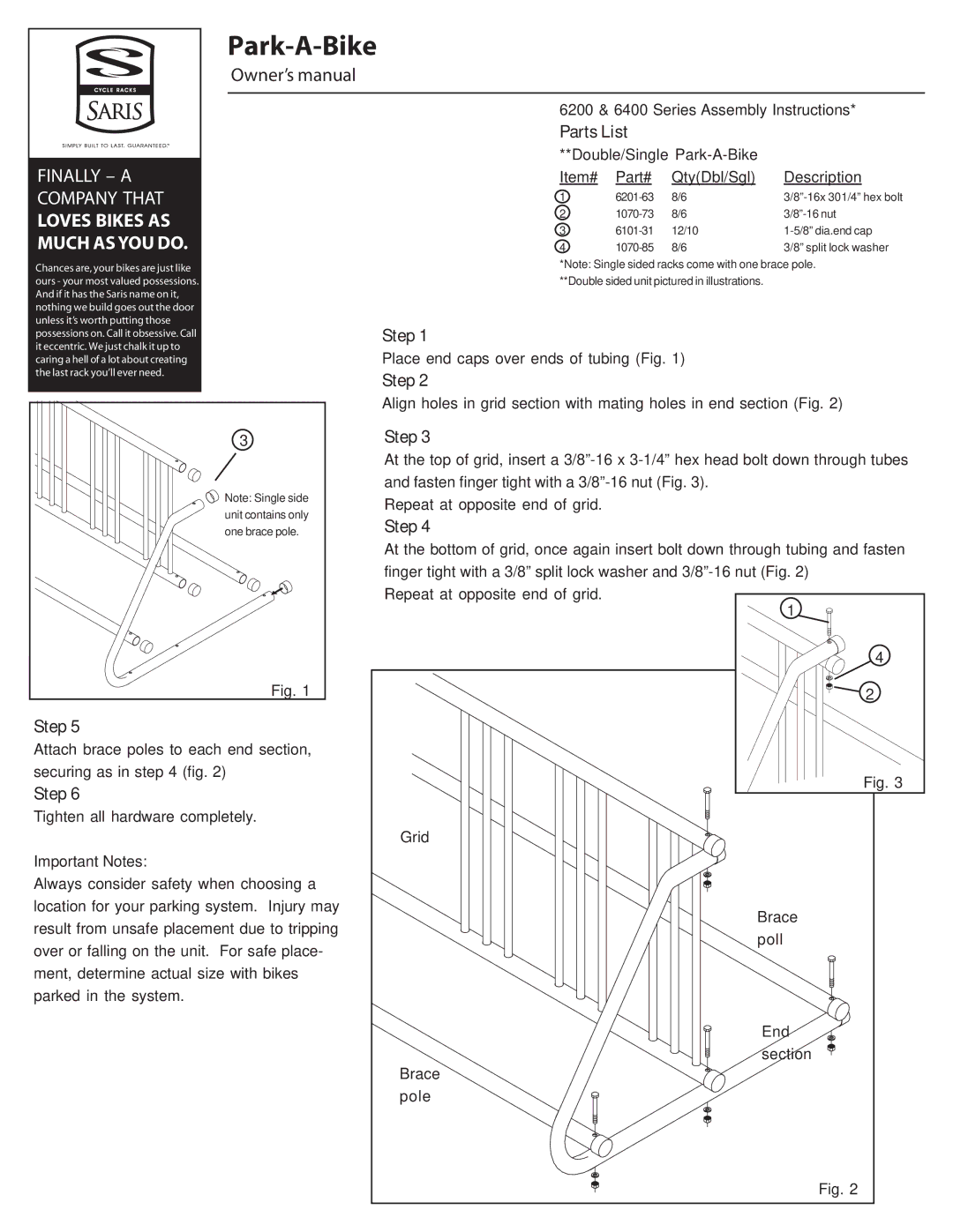 Saris 6200, 6400 manual Park-A-Bike, Parts List, Step 