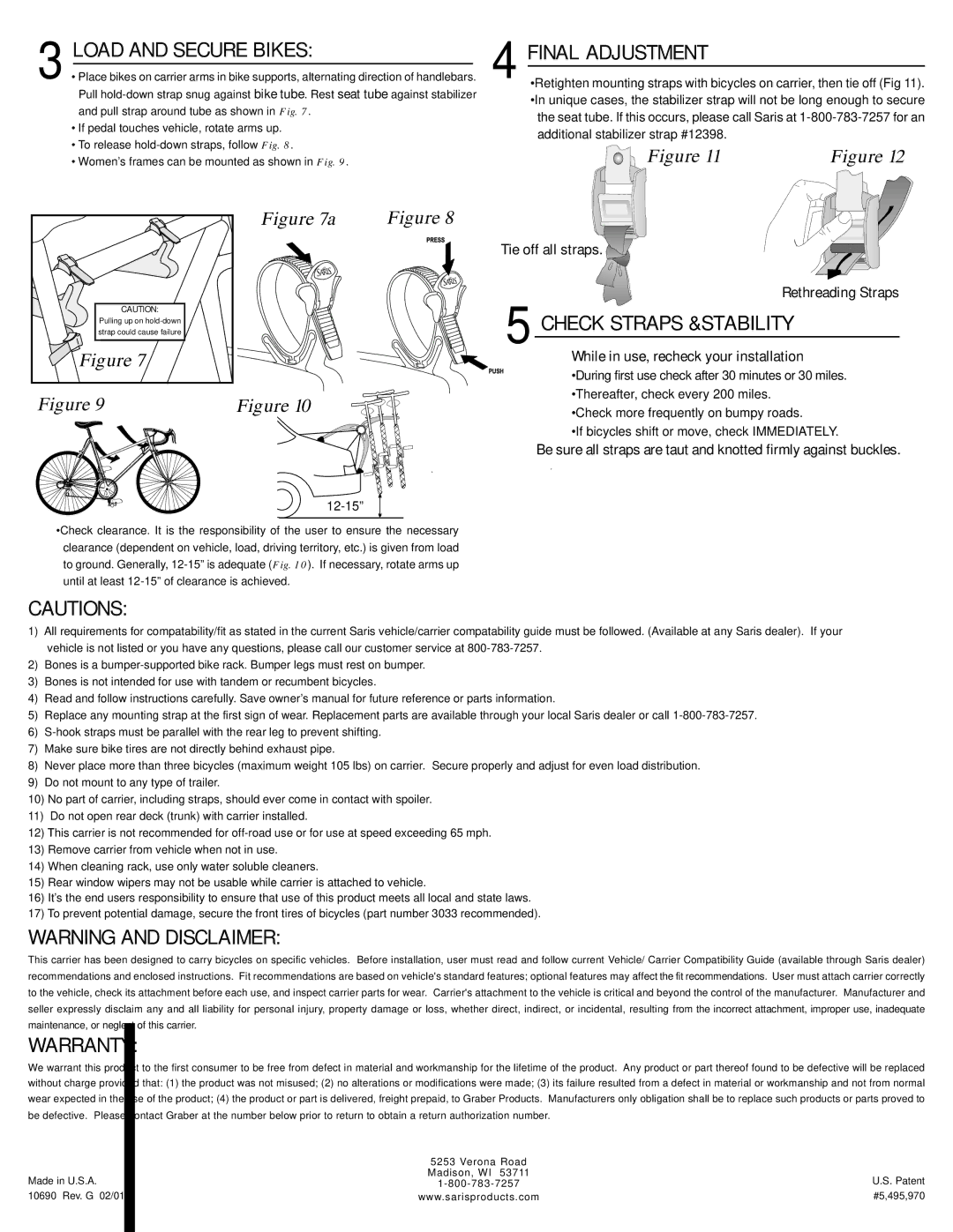 Saris 801 Load and Secure Bikes Final Adjustment, Check Straps &STABILITY, Warranty, Additional stabilizer strap #12398 