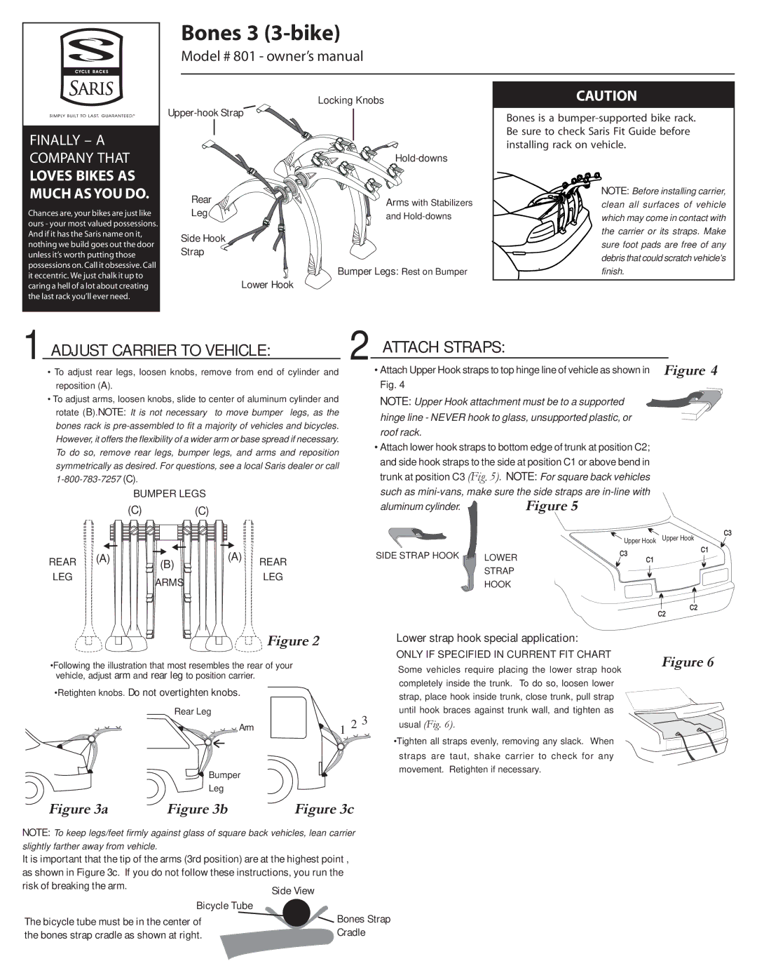 Saris 801 manual Bones 3 3-bike, Adjust Carrier to Vehicle, Attach Straps 