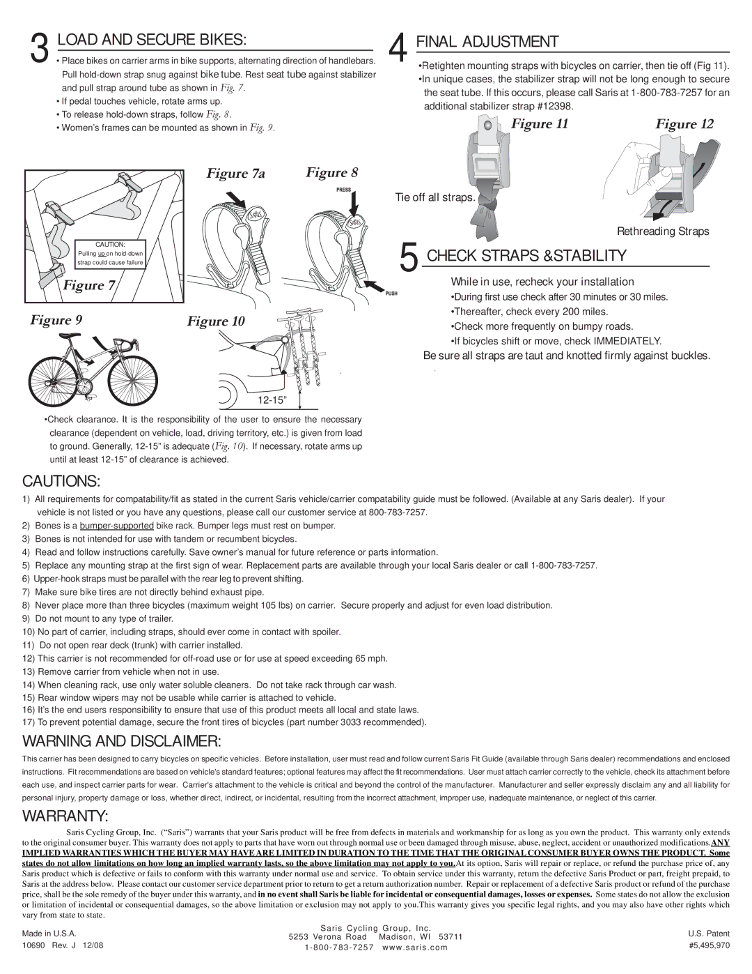 Saris 801 Load and Secure Bikes Final Adjustment, Check Straps &STABILITY, Warranty, Additional stabilizer strap #12398 