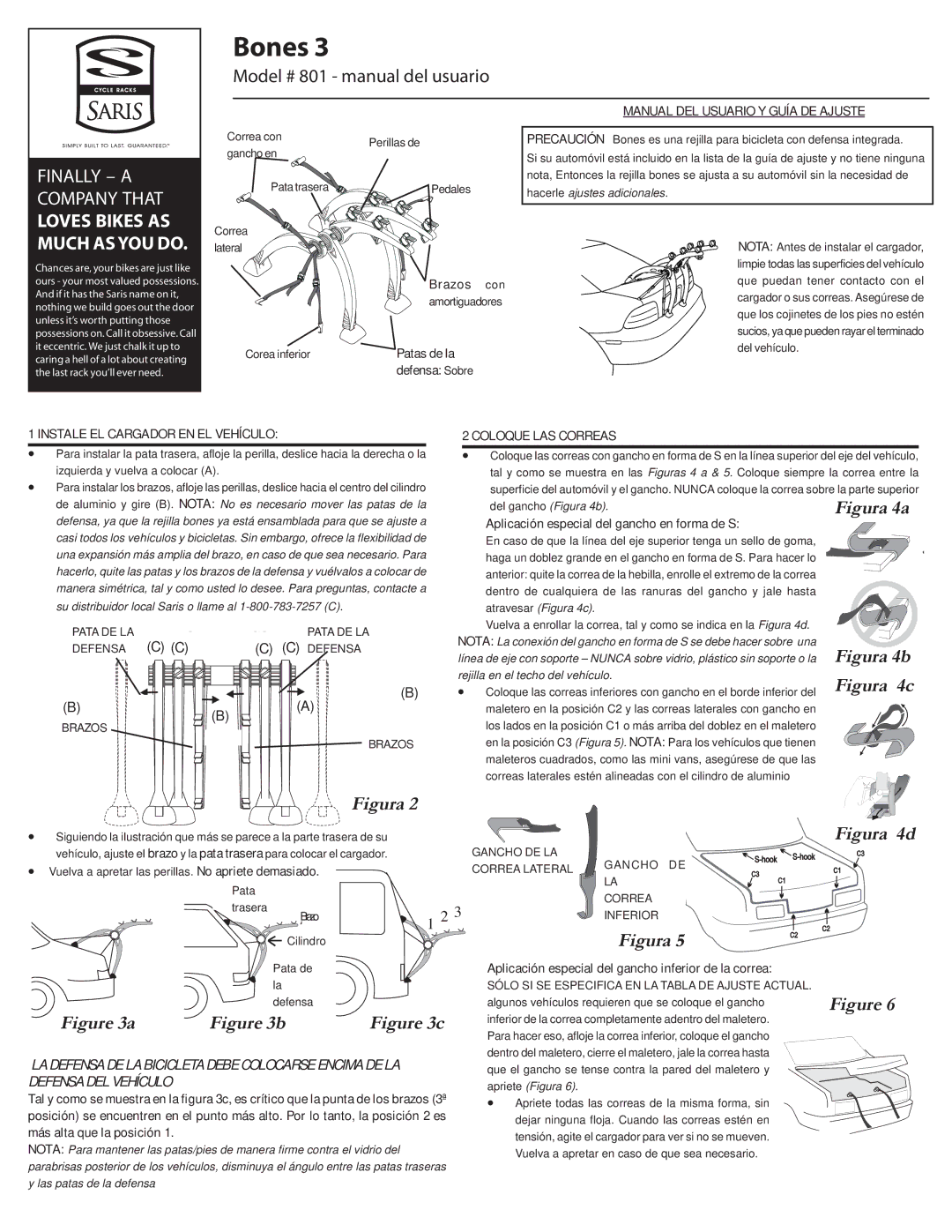 Saris Bones, Model # 801 manual del usuario, Manual DEL Usuario Y Guía DE Ajuste 