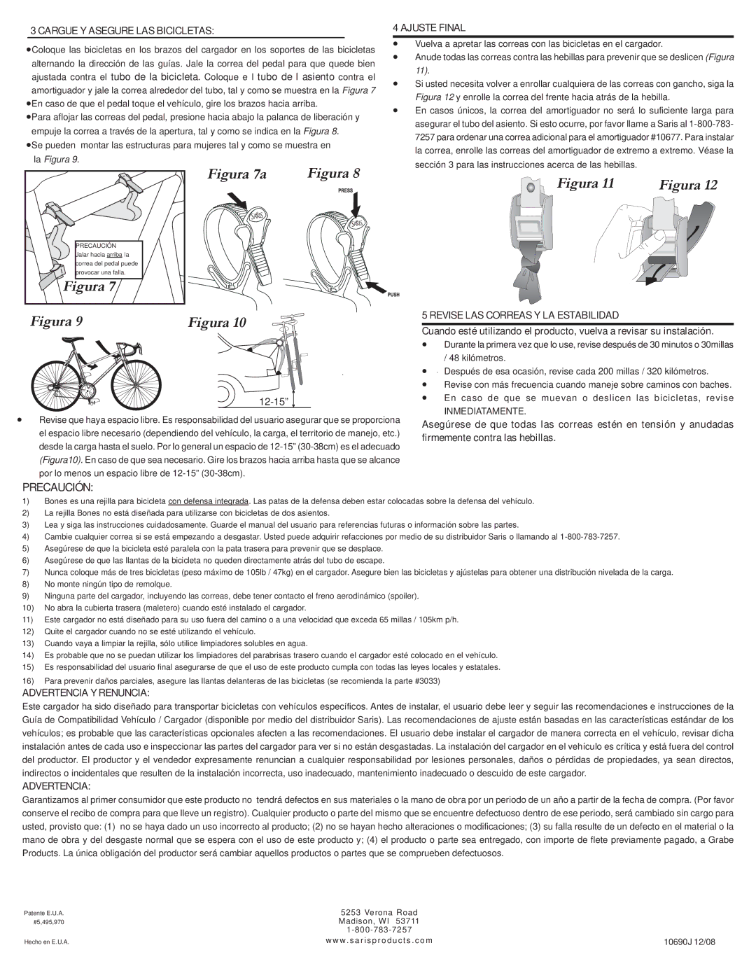 Saris 801 manual Cargue Y Asegure LAS Bicicletas, Ajuste Final, Revise LAS Correas Y LA Estabilidad, Advertencia Y Renuncia 