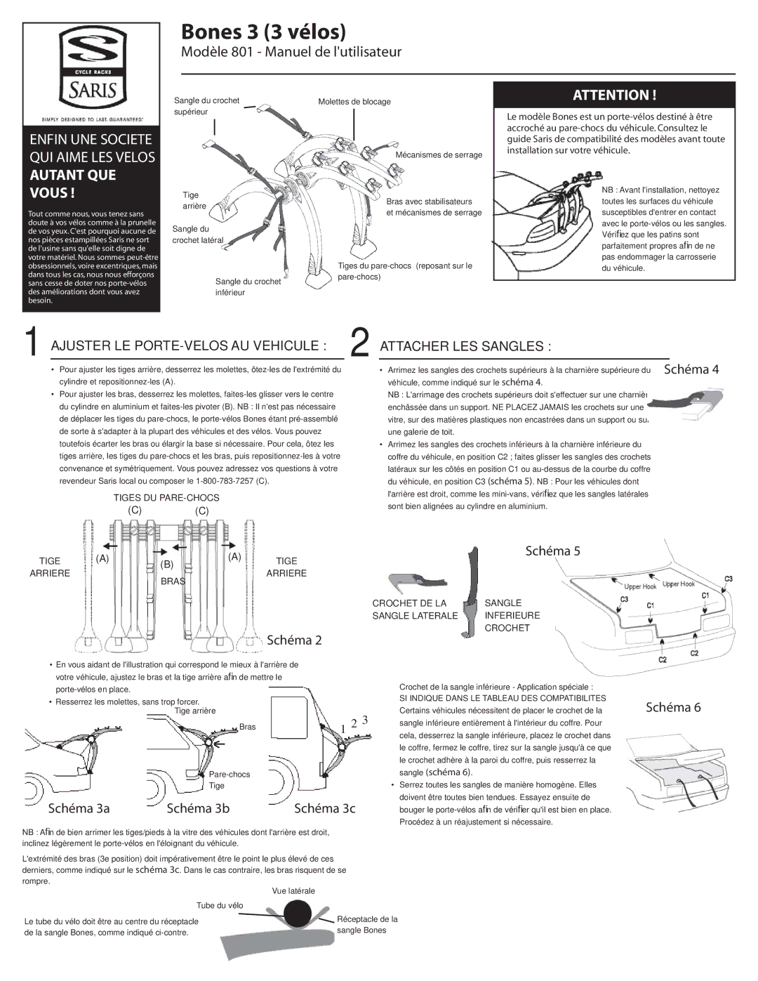 Saris Bones 3 3 vélos, Ajuster LE PORTE-VELOS AU Vehicule 2 Attacher LES Sangles, Modèle 801 Manuel de lutilisateur 