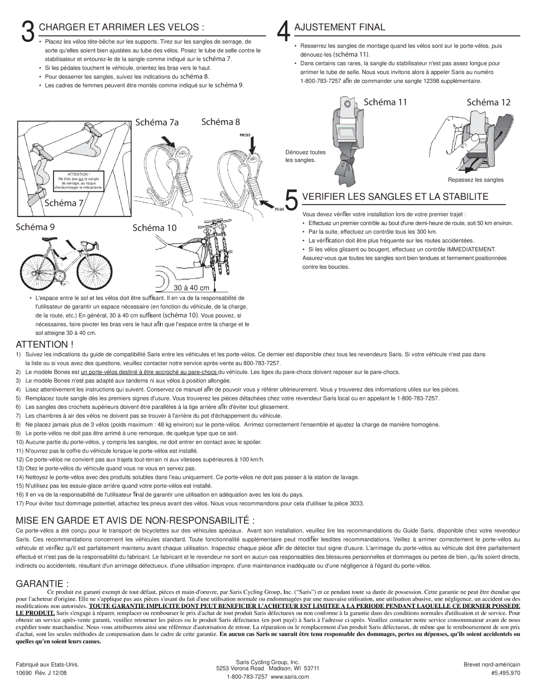 Saris 801 manual Charger ET Arrimer LES Velos, Ajustement Final, Verifier LES Sangles ET LA Stabilite, Garantie 