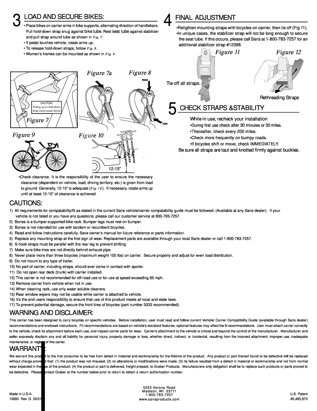 Saris 801 Load And Secure Bikes, Final Adjustment, Cautions, Check Straps &Stability, Warning And Disclaimer, Warranty 