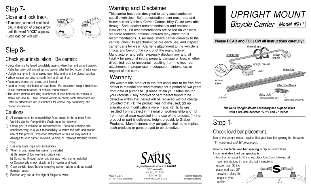 Saris 911 manual Close and lock track, Check your installation. Be certain, Warranty, Check load bar placement 