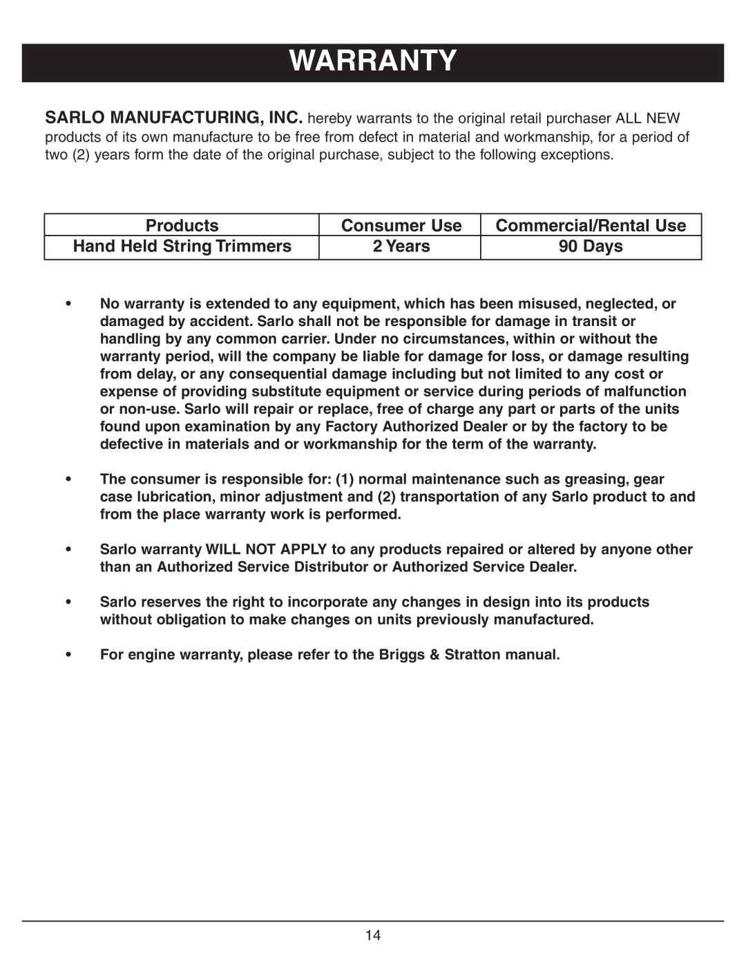 Sarlo BC-8 owner manual Warranty, Products Consumer Use Commercial/Rental Use 