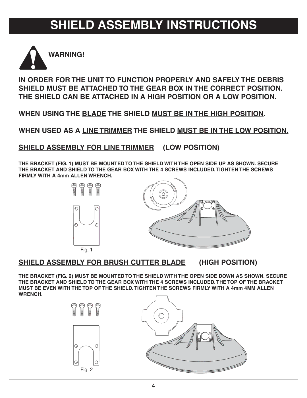 Sarlo BC-8 owner manual Shield Assembly Instructions, Shield Assembly for Brush Cutter Blade High Position 