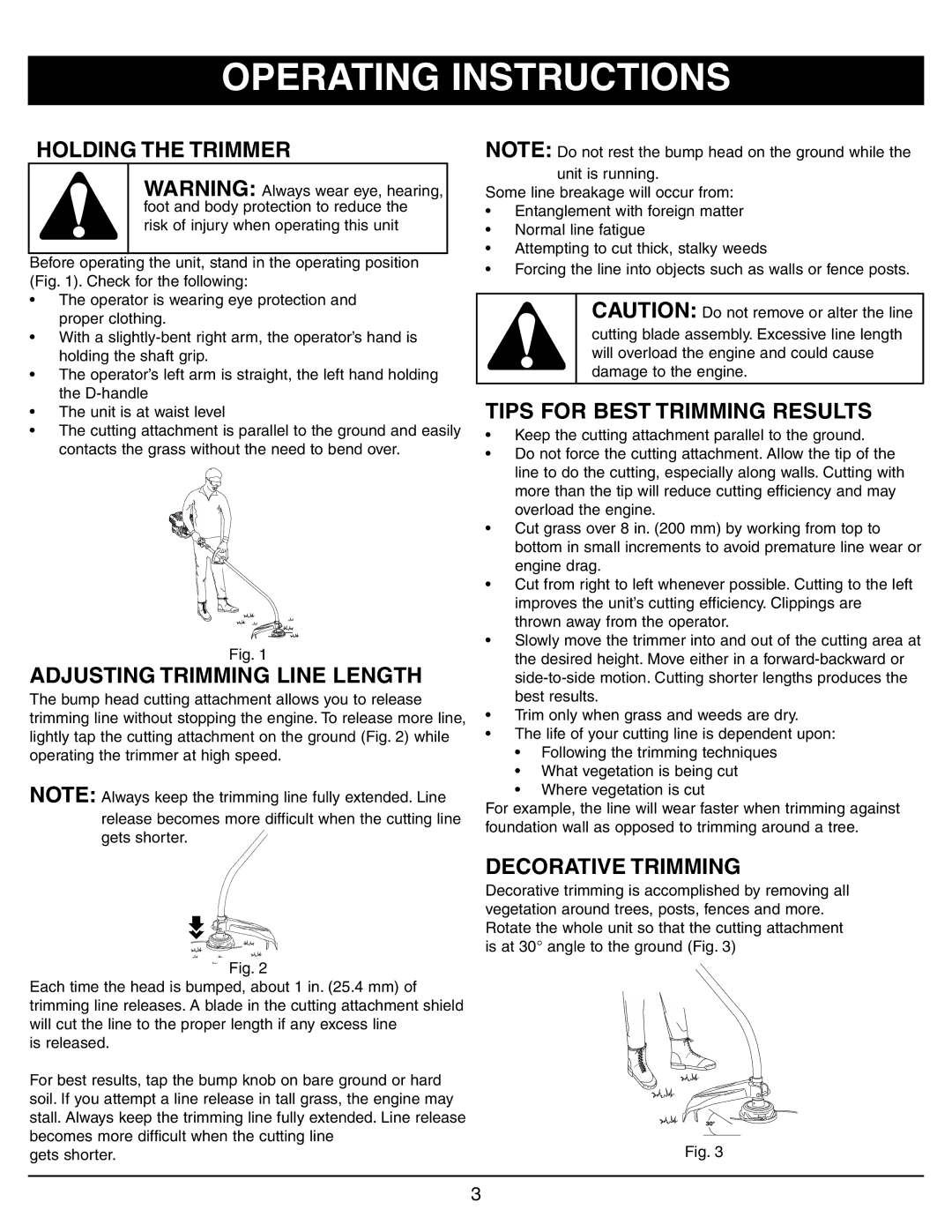 Sarlo CS-16 Operating Instructions, Holding the Trimmer, Adjusting Trimming Line Length, Tips for Best Trimming Results 