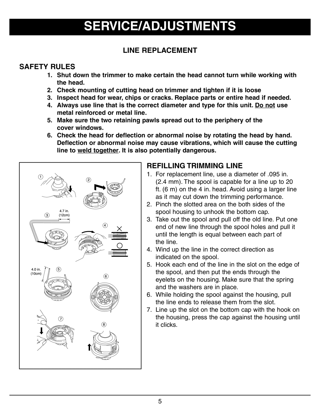 Sarlo CS-16 owner manual Service/Adjustments, Line Replacement Safety Rules, Refilling Trimming Line 
