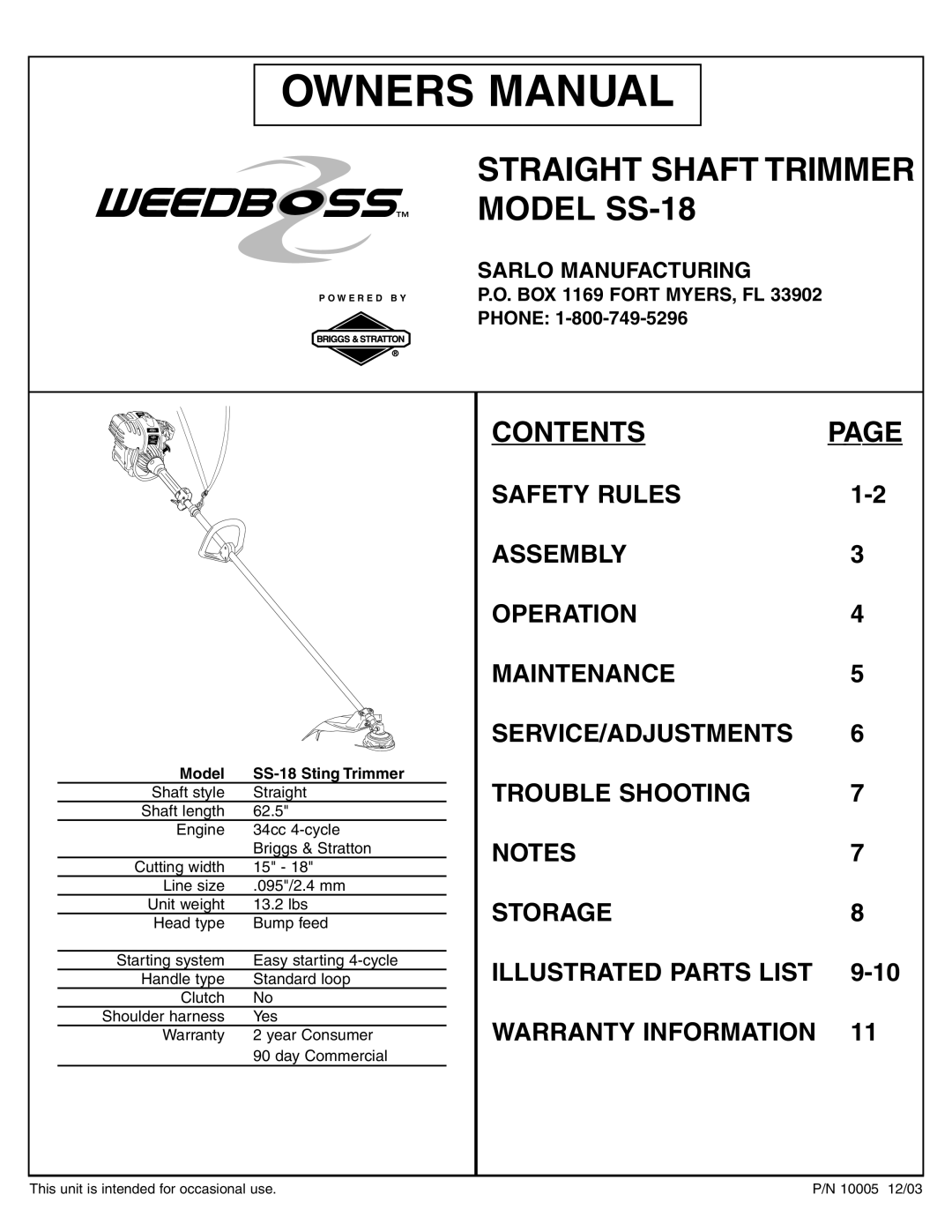 Sarlo owner manual Straight Shaft Trimmer Model SS-18 