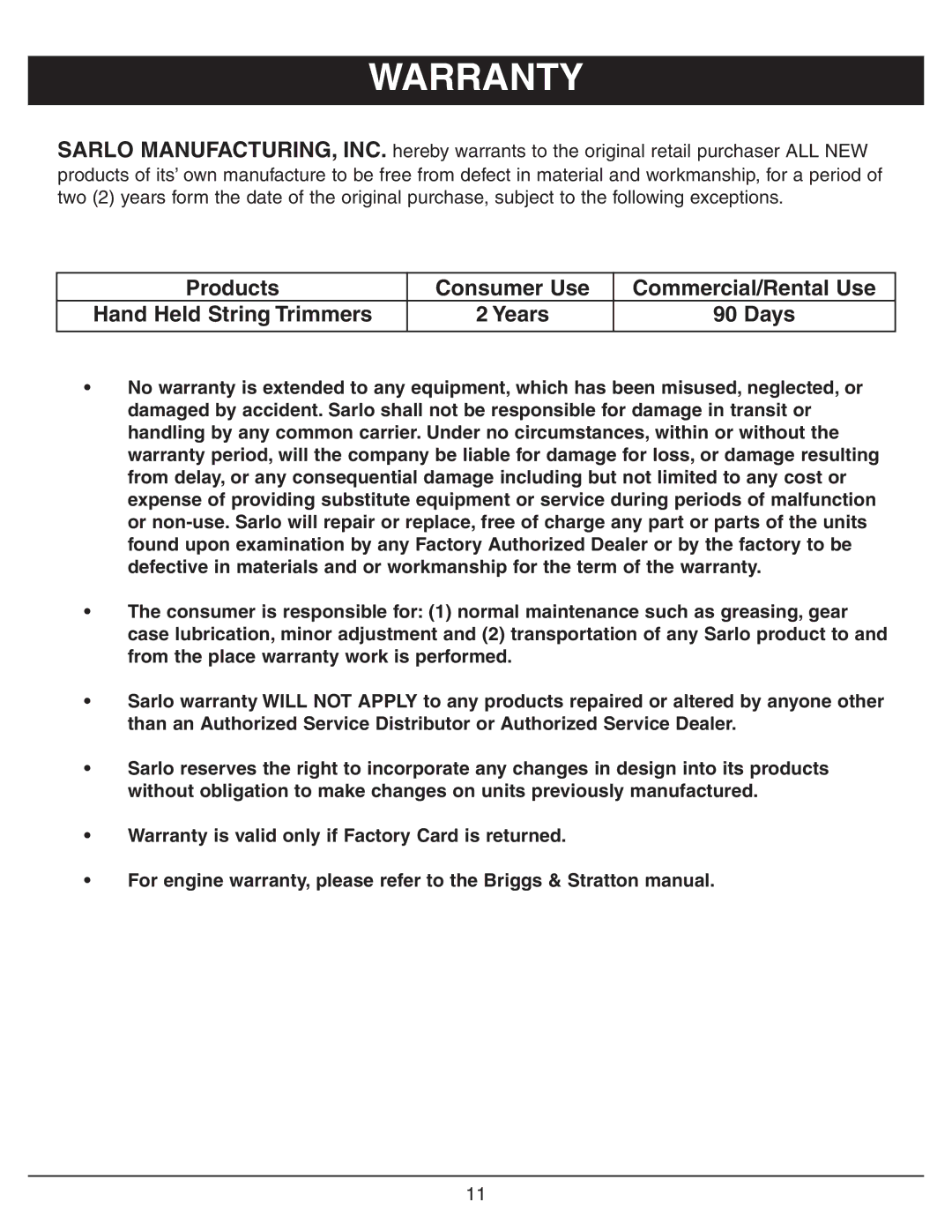 Sarlo SS-18 owner manual Warranty, Products Consumer Use Commercial/Rental Use 