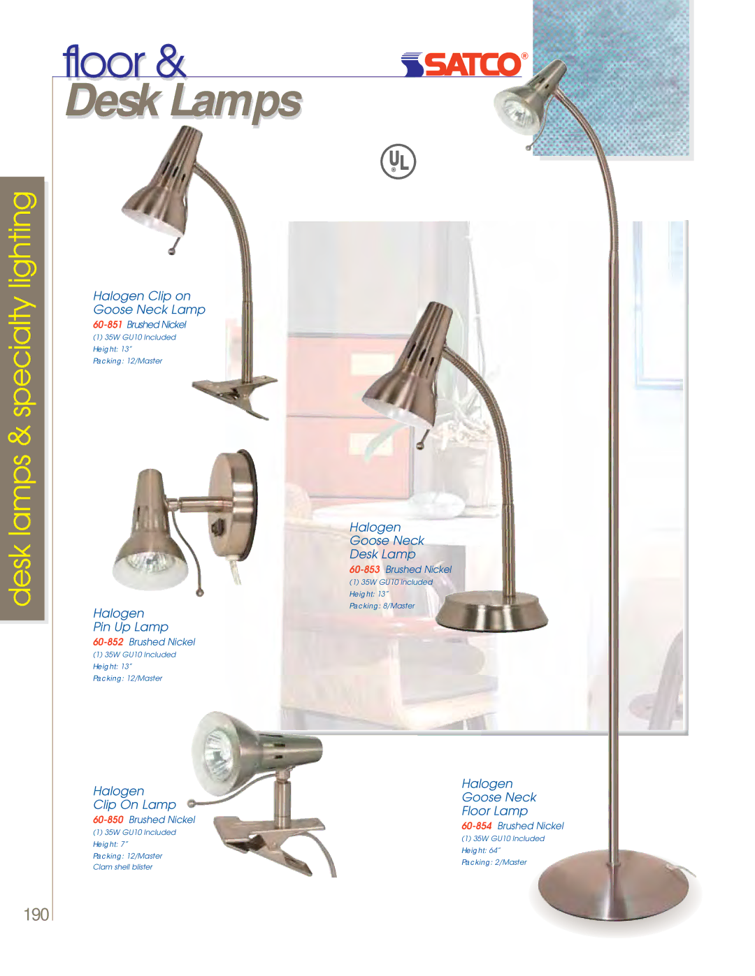 Satco Products 60-801, 60-800, 60-802 manual Halogen Clip on Goose Neck Lamp, Halogen Pin Up Lamp, Halogen Clip On Lamp 