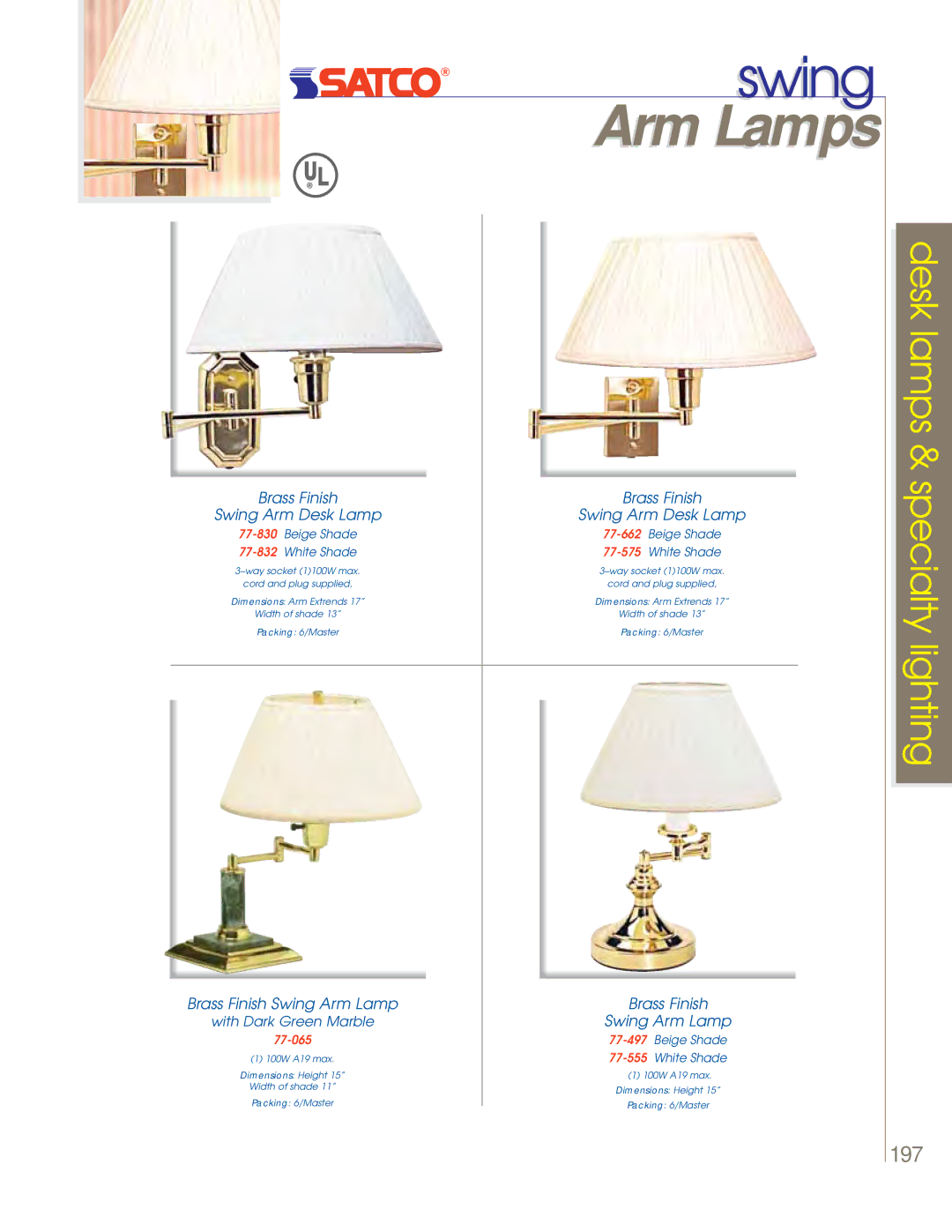 Satco Products 60-800, 60-801, 60-802 manual Arm Lamps, Brass Finish Swing Arm Desk Lamp, Brass Finish Swing Arm Lamp 