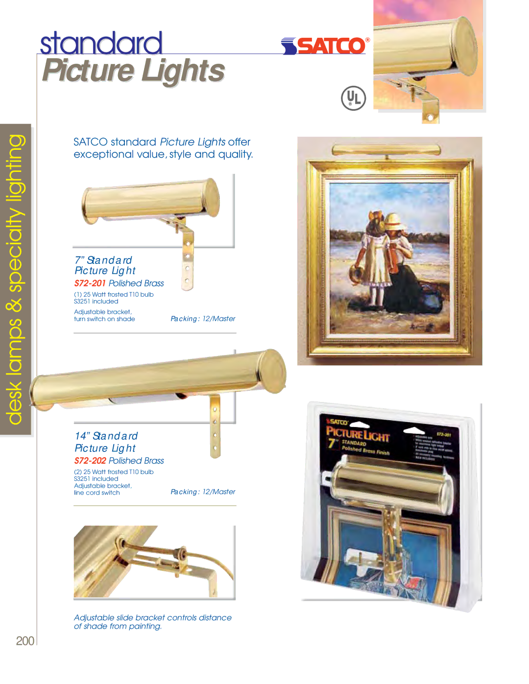 Satco Products 60-800, 60-801, 60-802 manual Picture Lights, S72-201Polished Brass, S72-202Polished Brass 